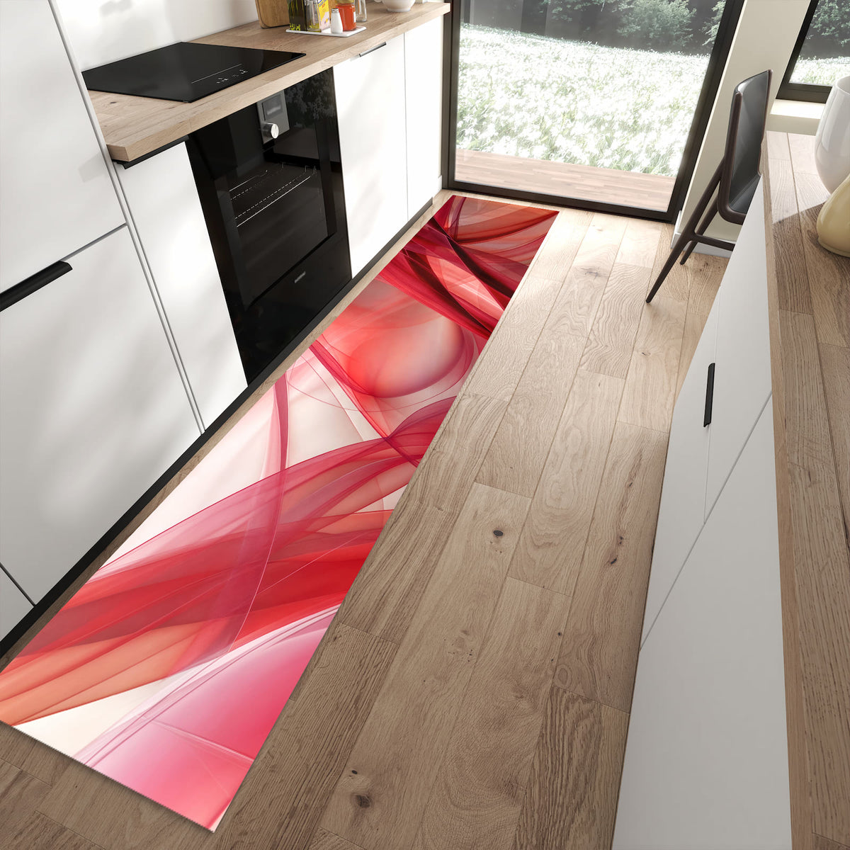 Küchenteppich Rote Schleier 60 × 300 cm vor der Küchenzeile auf hellem Holzboden