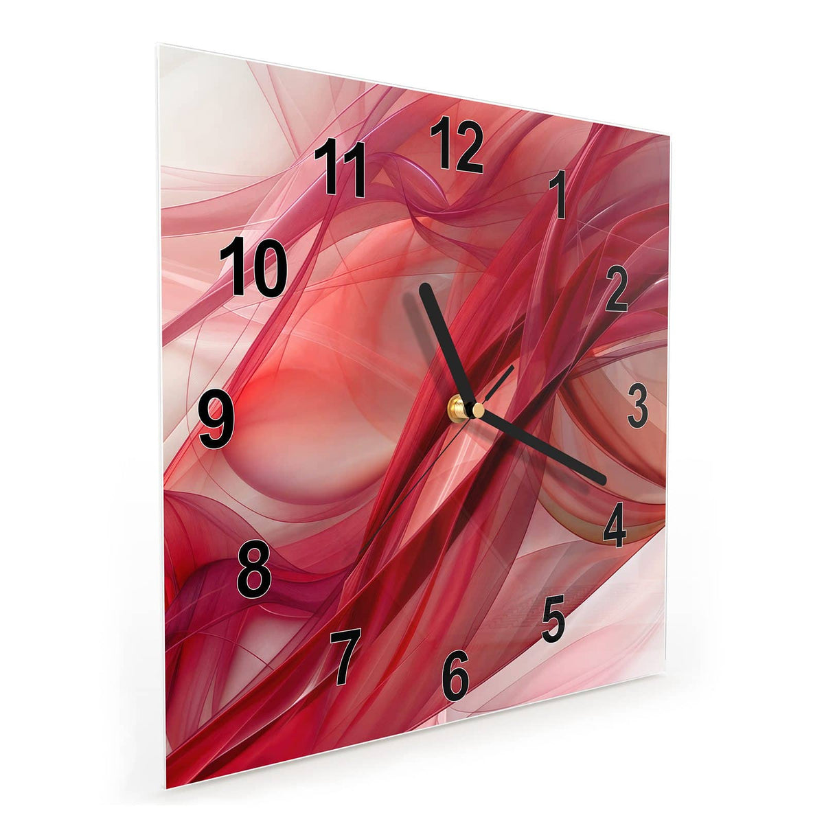 Quadratische Wanduhr aus Glas Rote Schleier schräg von der Seite, 4 mm starkes Glas