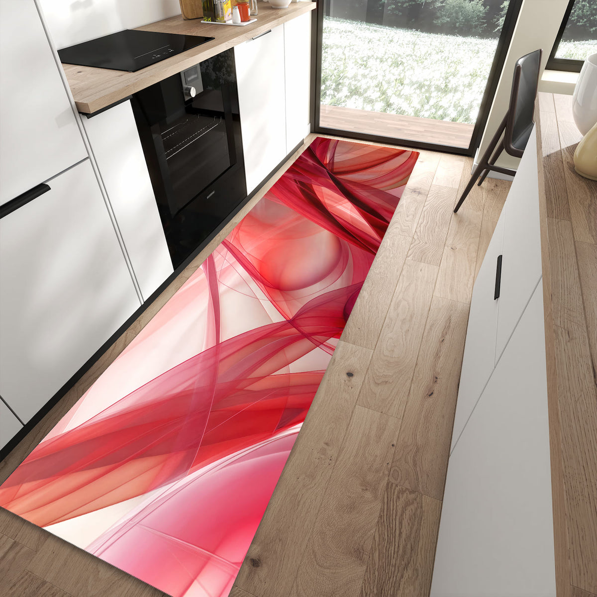 Küchenteppich Rote Schleier 80 × 300 cm vor der Küchenzeile auf hellem Holzboden