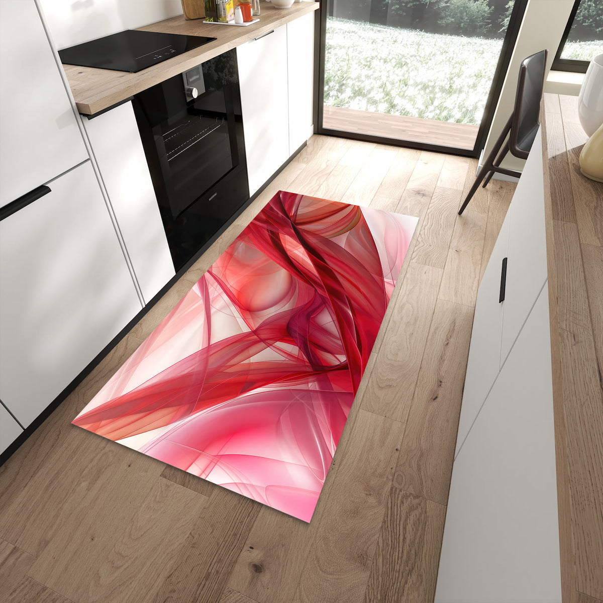 Küchenteppich Rote Schleier 90 × 180 cm vor der Küchenzeile auf hellem Holzboden