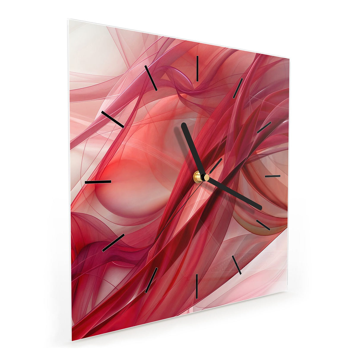 Quadratische Wanduhr aus Glas Rote Schleier schräg von der Seite, 4 mm starkes Glas