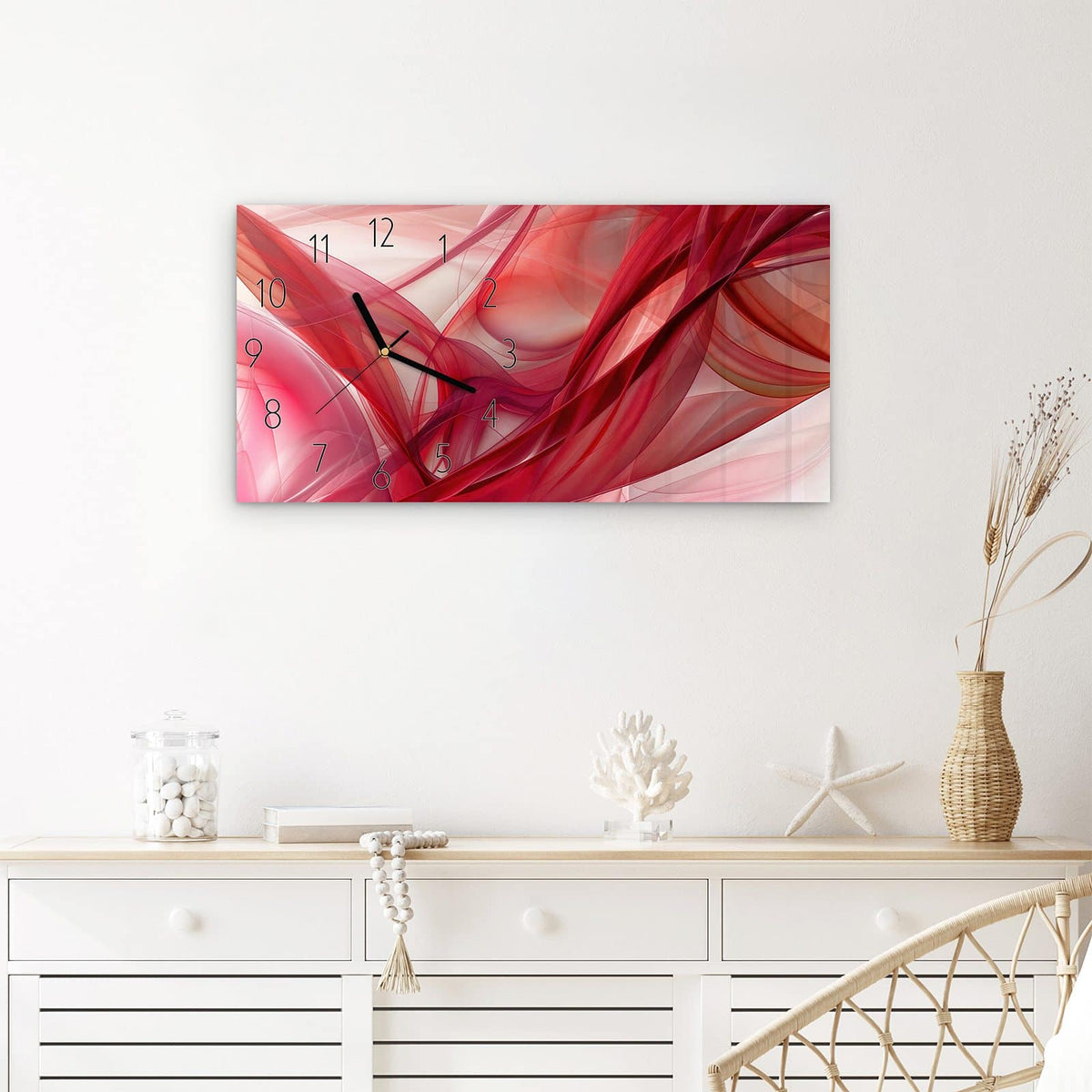 Wanduhr Abstrakte Schleier aus Glas – Querformat 60 × 30 cm – Rote Schleier wie Seidenstoff
