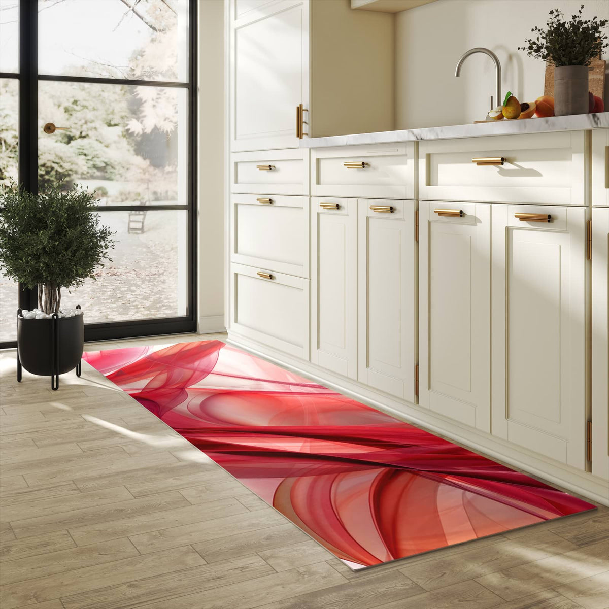 Küchenteppich Rote Schleier 80 × 280 cm in einer hellen Küche am Fenster