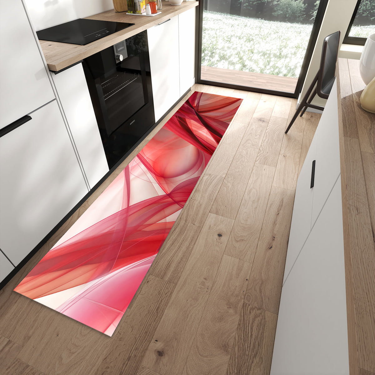 Küchenteppich Rote Schleier 60 × 270 cm vor der Küchenzeile auf hellem Holzboden