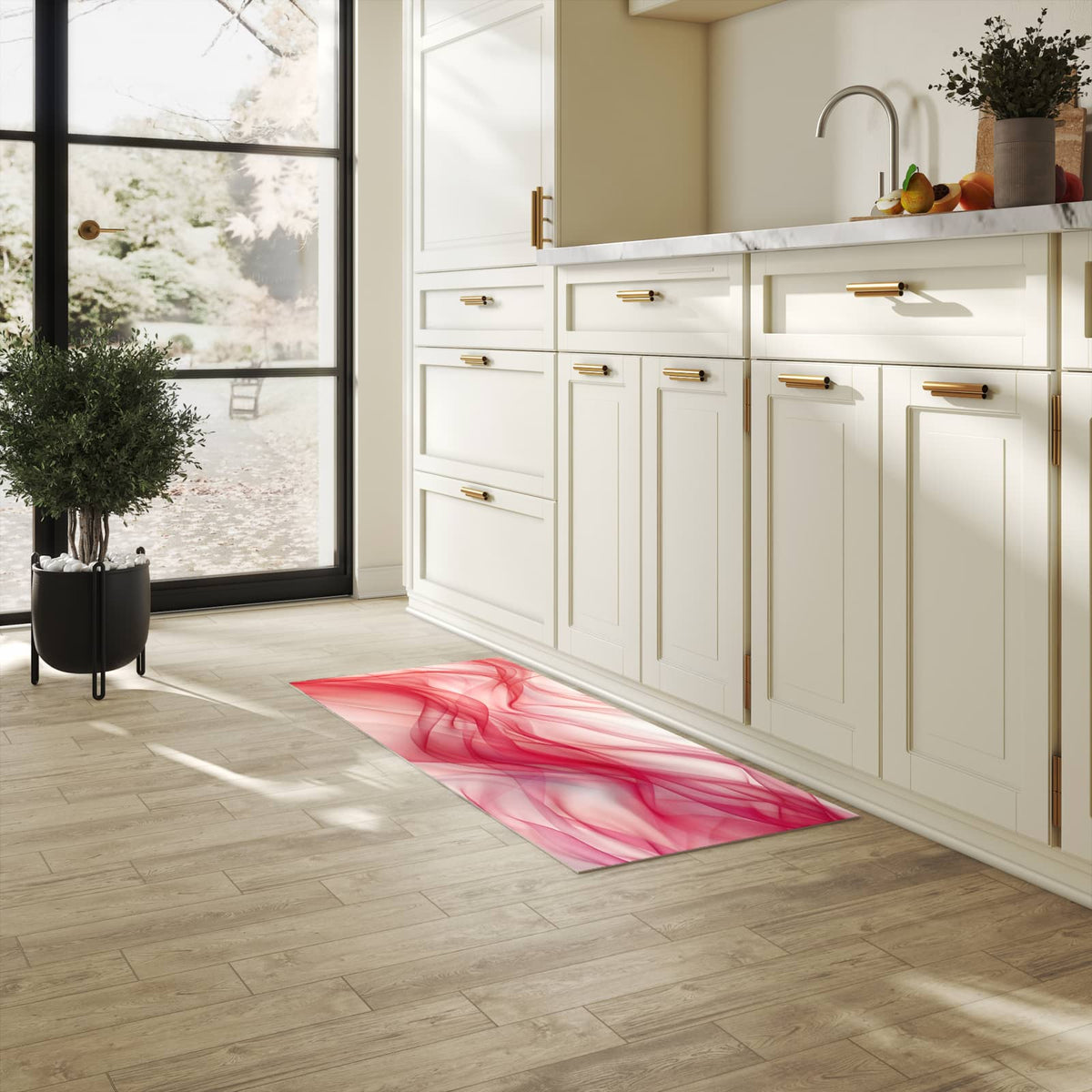 Farbbeständiger Küchenteppich mit Motiv Seidenschleier in heller Küche