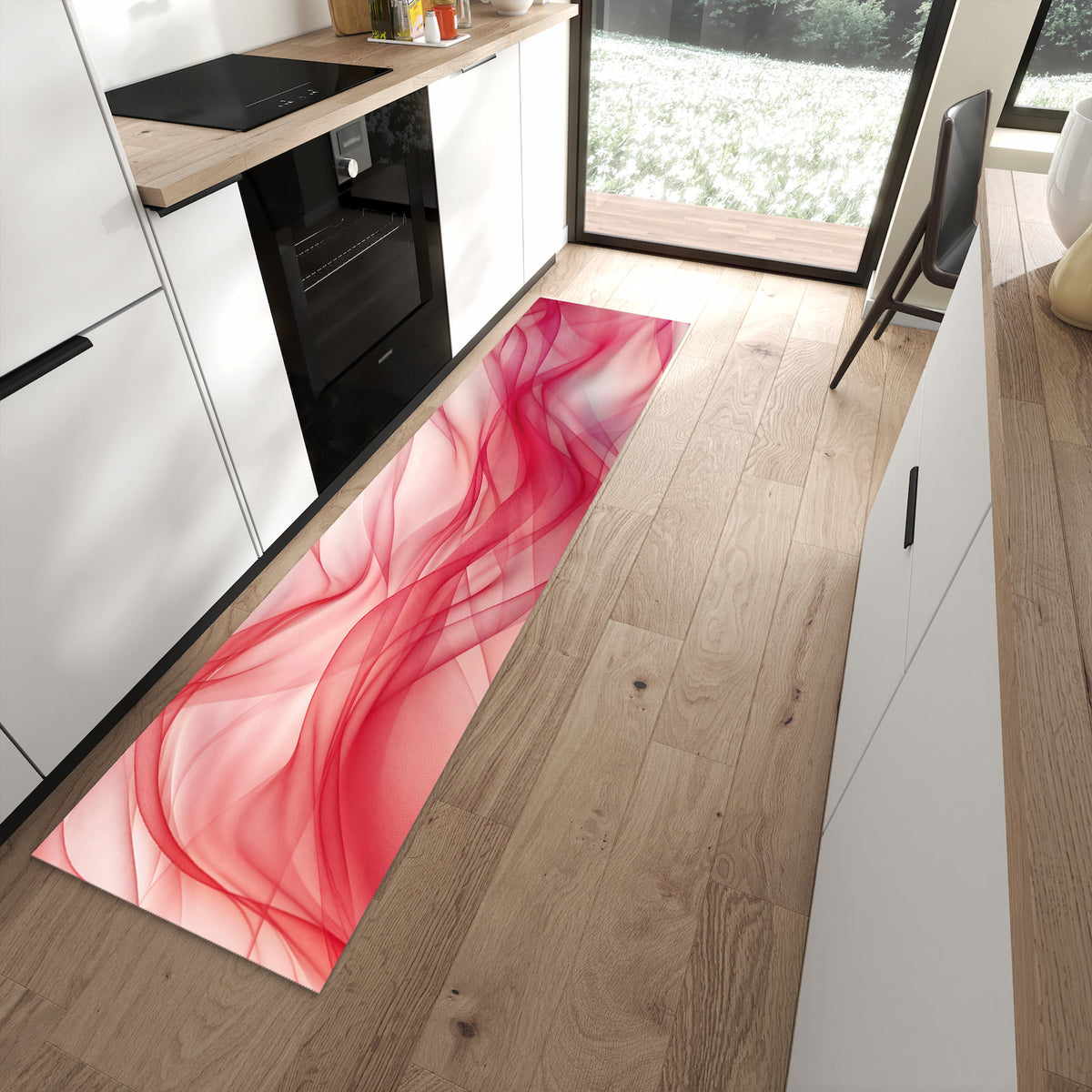 Zeitsparender langer Teppich mit Motiv Seidenschleier in moderner Küche