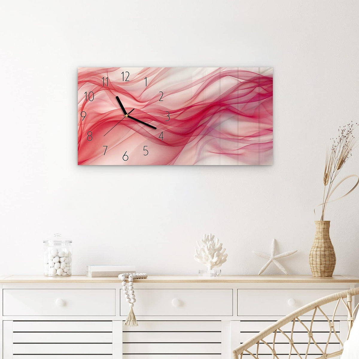 Wanduhr Seidenschleier aus Glas – Querformat 60 × 30 cm – Transparente Wellen in Rottönen