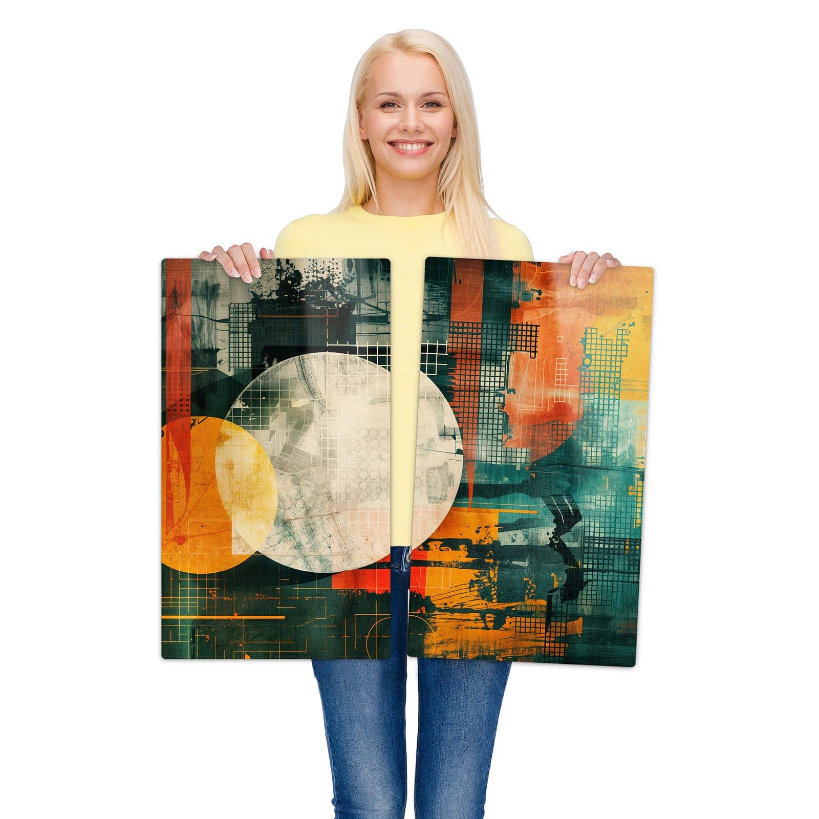 2-teilige Abdeckung für Herdplatte mit Bunte Geometrie Kunst-Motiv wird zur Größendarstellung gehalten