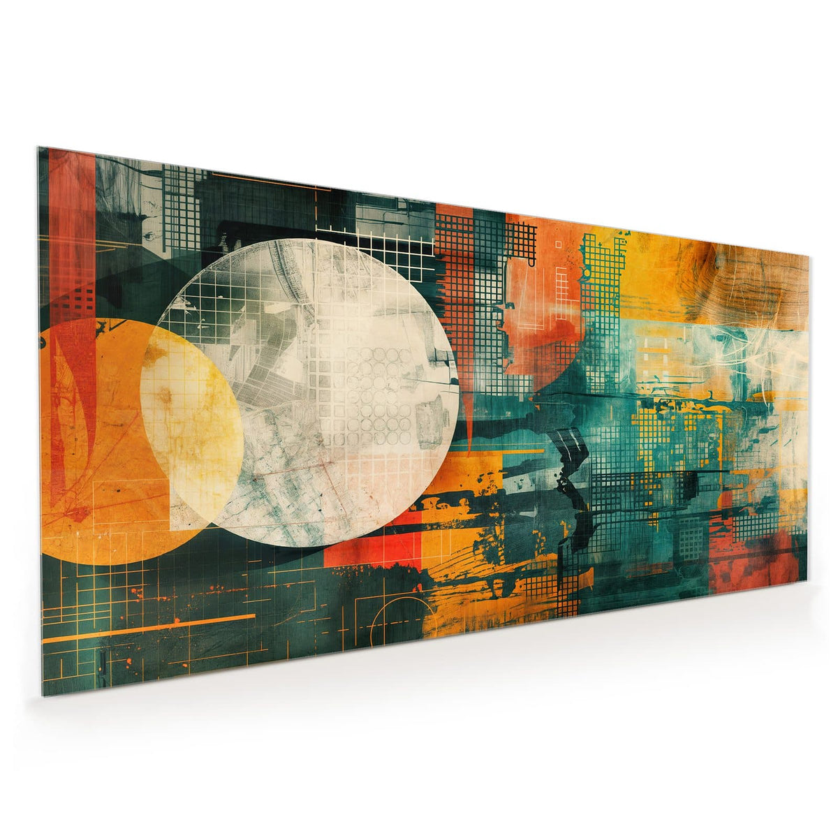 Küchenrückwand aus Glas im Hochformat: Retro-Collage mit großem hellem Kreis, orangem Kreis, Rastern in Orange und Petrol