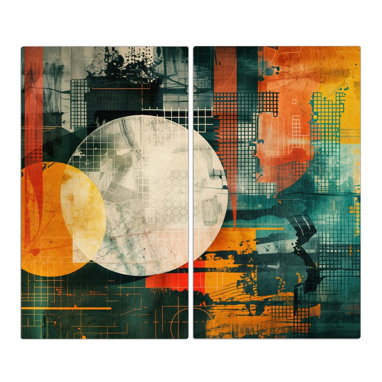 2-teilige Herdabdeckung mit Bunte Geometrie Kunst-Motiv in der Frontansicht #grösse_2-Teilig (60x52cm)
