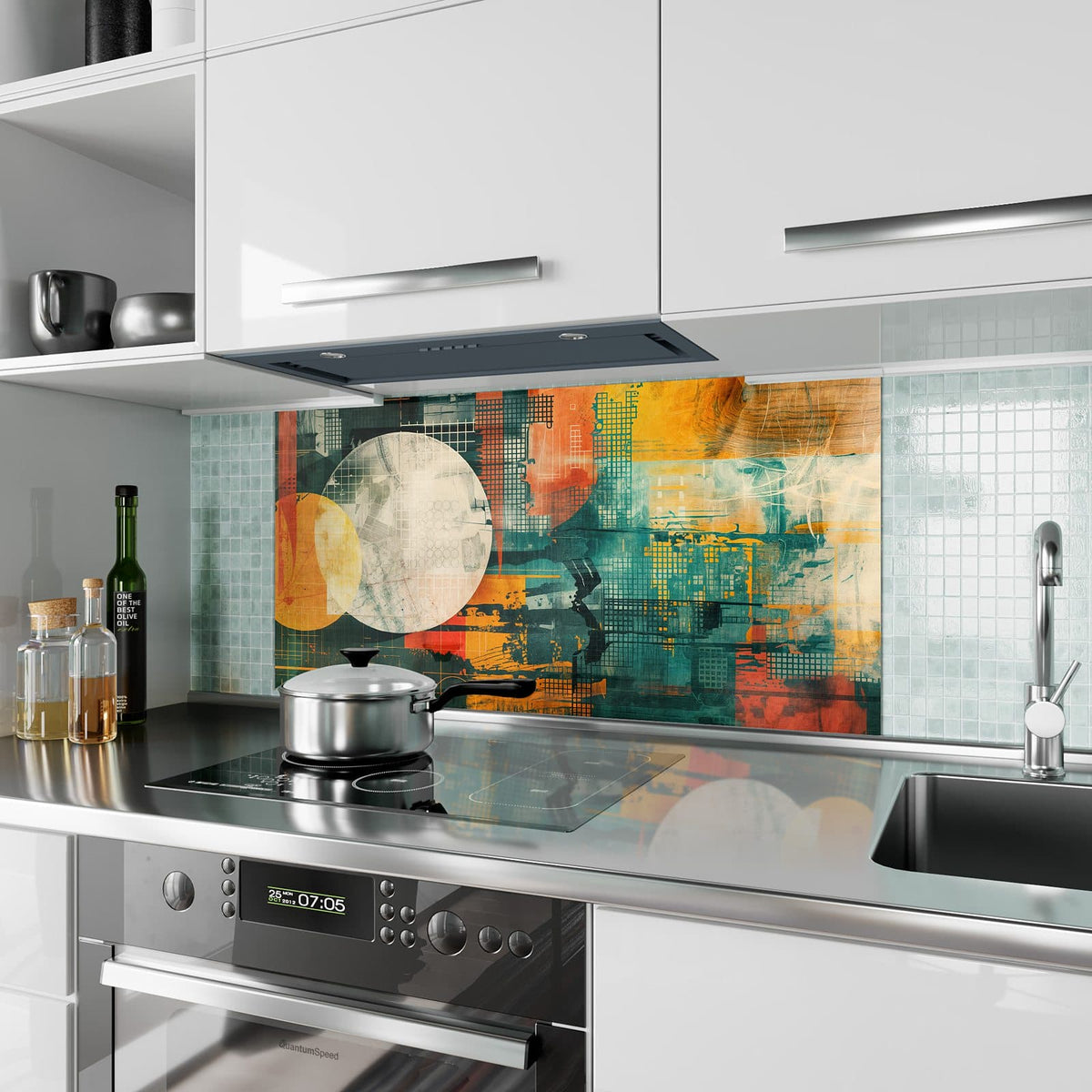 Küchenrückwand aus Glas Retro-Kreise in Orange im Hochformat als Spritzschutz hinter dem Kochfeld, über dem Fliesenspiegel montiert