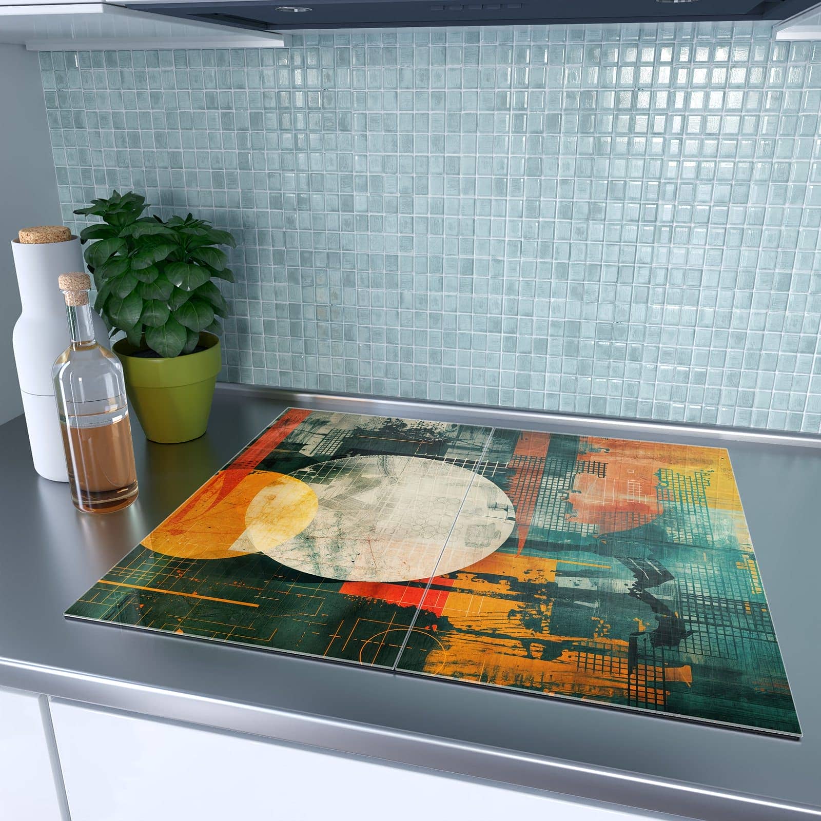 2-teilige Abdeckplatten für Ceranfeld mit Bunte Geometrie Kunst-Motiv auf dem Ceranfeld