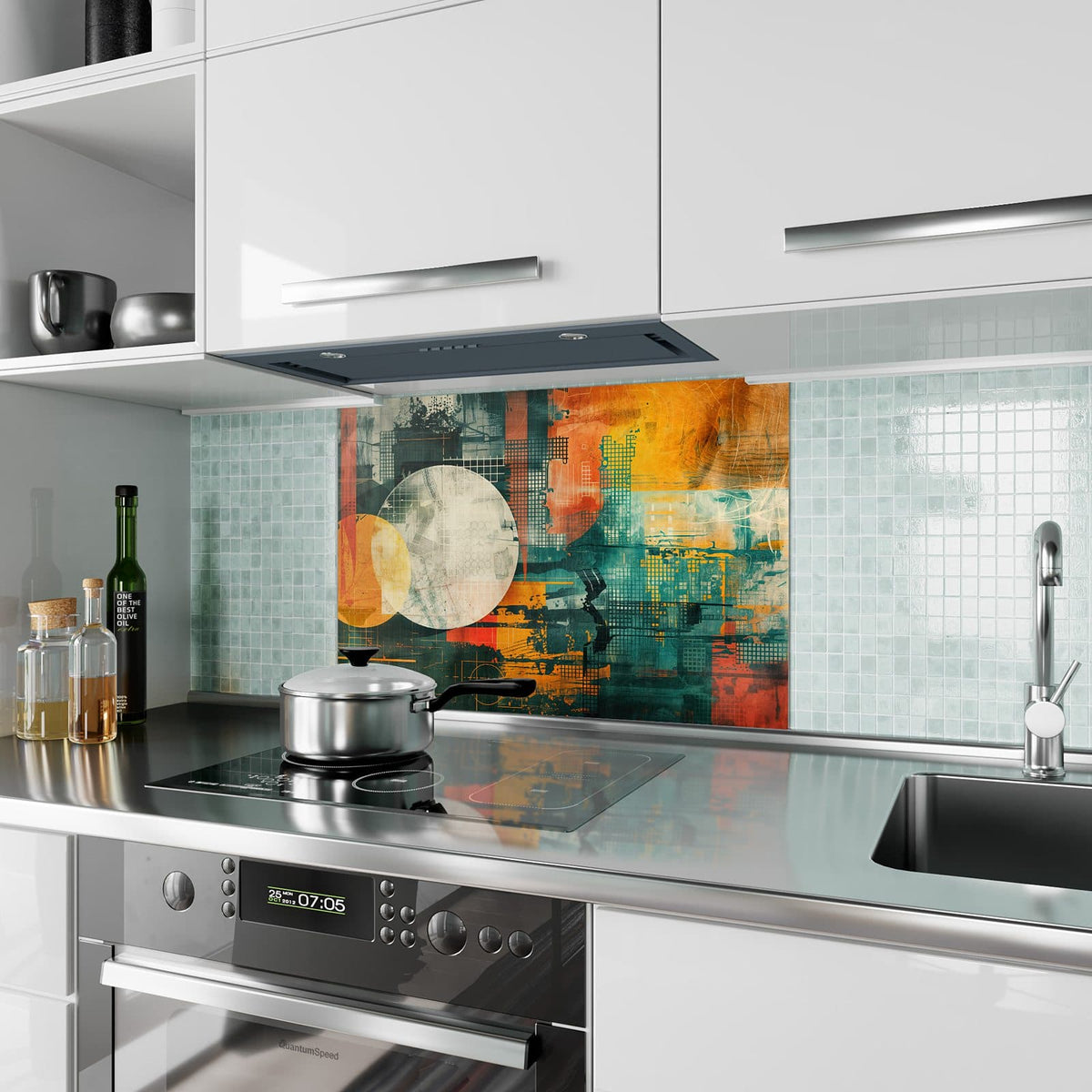 Küchenrückwand aus Glas Retro-Kreise in Orange im Hochformat als Spritzschutz hinter dem Kochfeld, über dem Fliesenspiegel montiert