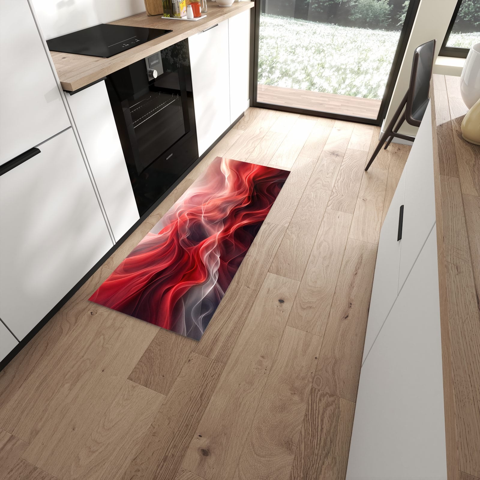 Zeitsparender rutschfester Küchenläufer mit Motiv Abstrakte Wellen in moderner Küche #grösse_60 x 150 cm