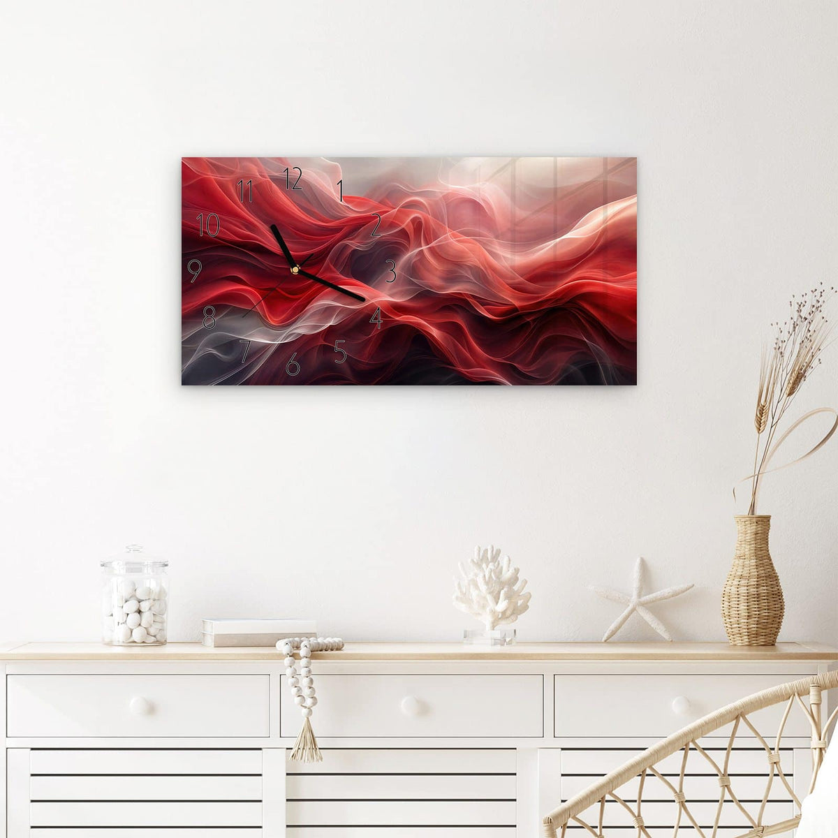 Wanduhr Abstrakte & Wellen aus Glas – Querformat 60 × 30 cm – Fließende rote Wellen
