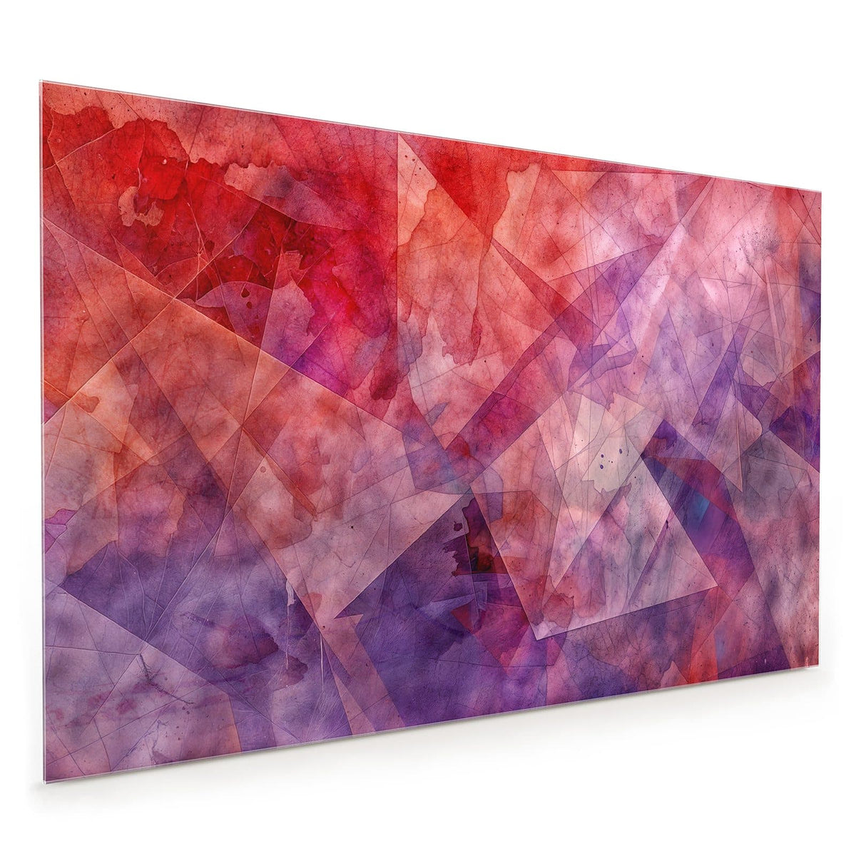 Küchenrückwand aus Glas im Hochformat: Übereinanderliegende transparente Dreiecke und Polygone in Aquarelloptik, Rot, Pink und Violett
