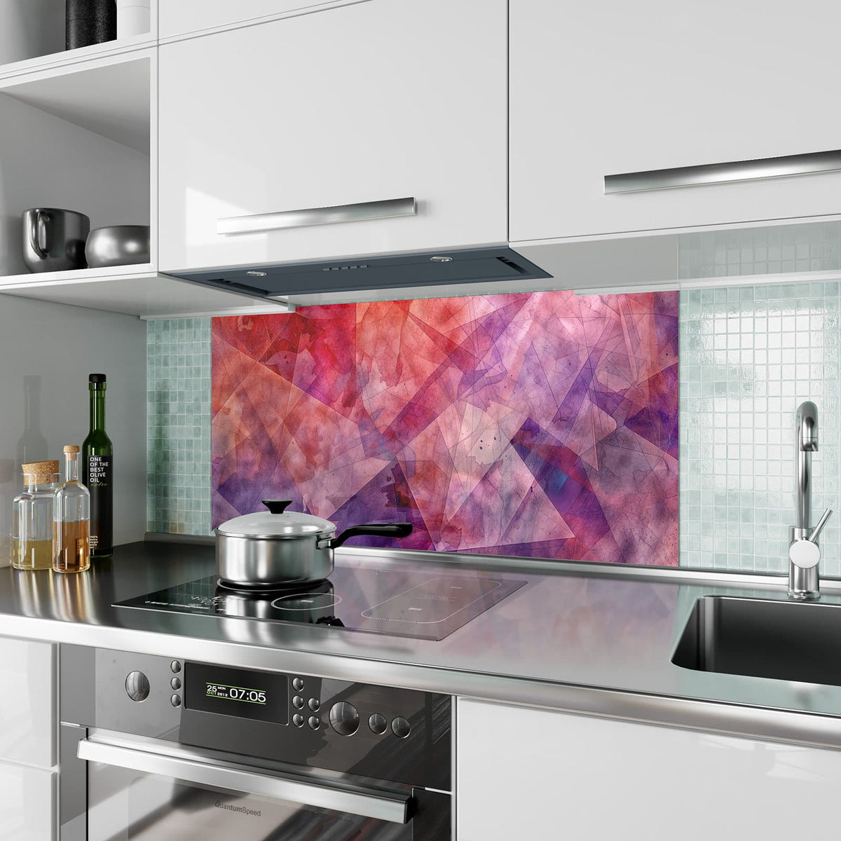 Küchenrückwand aus Glas Rote Aquarellpolygone im Hochformat als Spritzschutz hinter dem Kochfeld, über dem Fliesenspiegel montiert