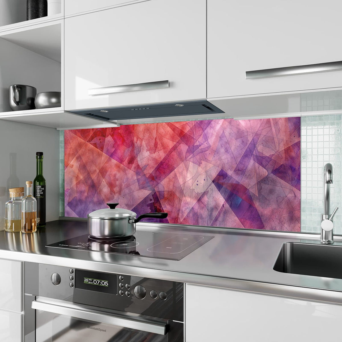 Küchenrückwand aus Glas Rote Aquarellpolygone im Hochformat als Spritzschutz hinter dem Kochfeld, über dem Fliesenspiegel montiert