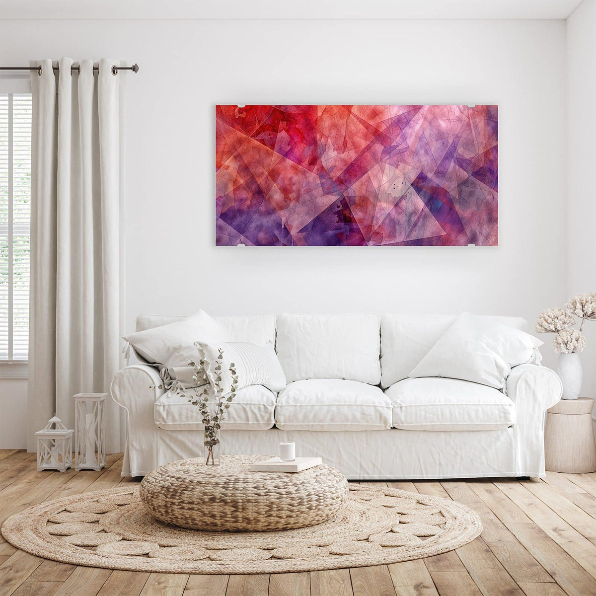 Wandbild - Rote Aquarellpolygone - Querformat – Transparente Polygone in Rot und Violett