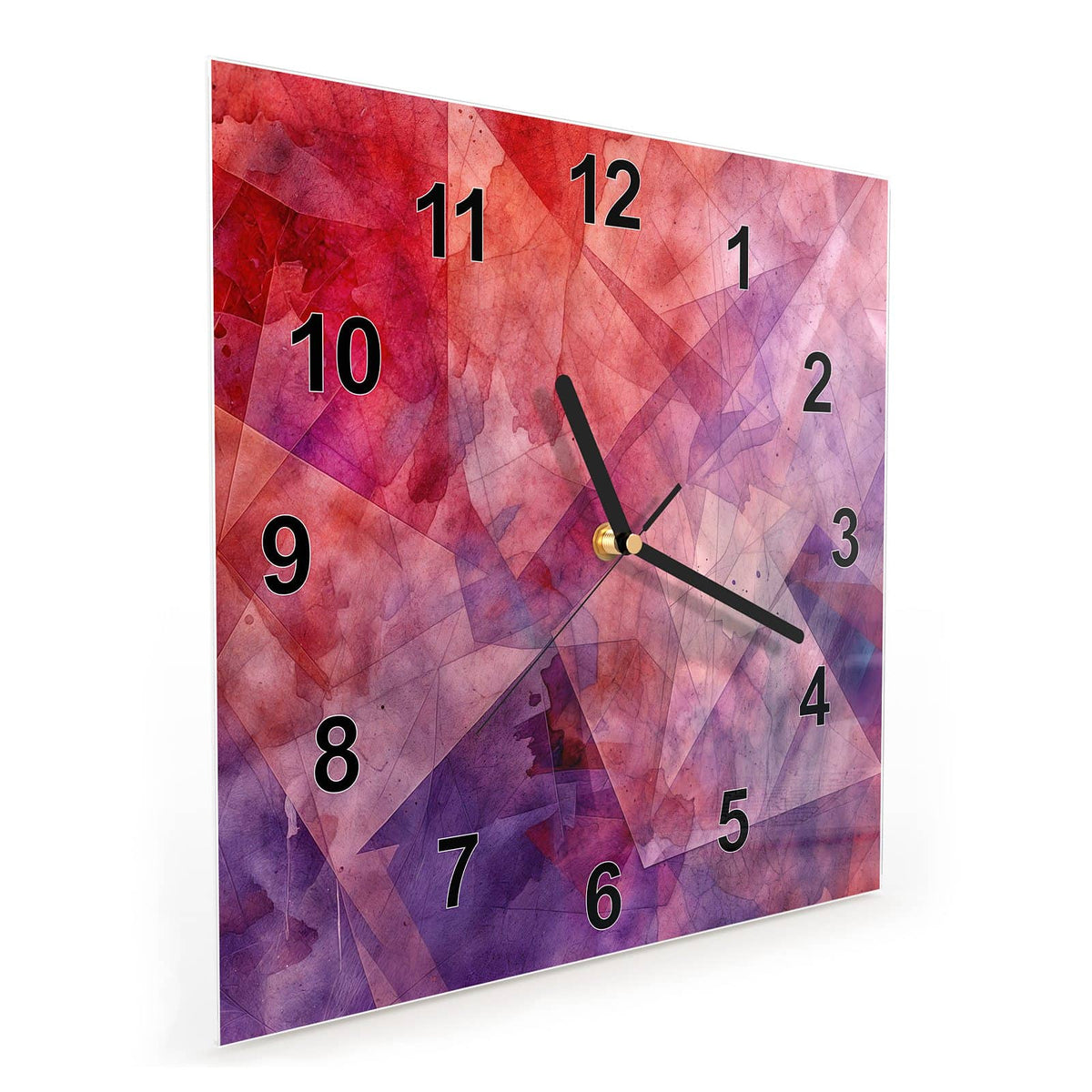 Quadratische Wanduhr aus Glas Rote Aquarellpolygone schräg von der Seite, 4 mm starkes Glas