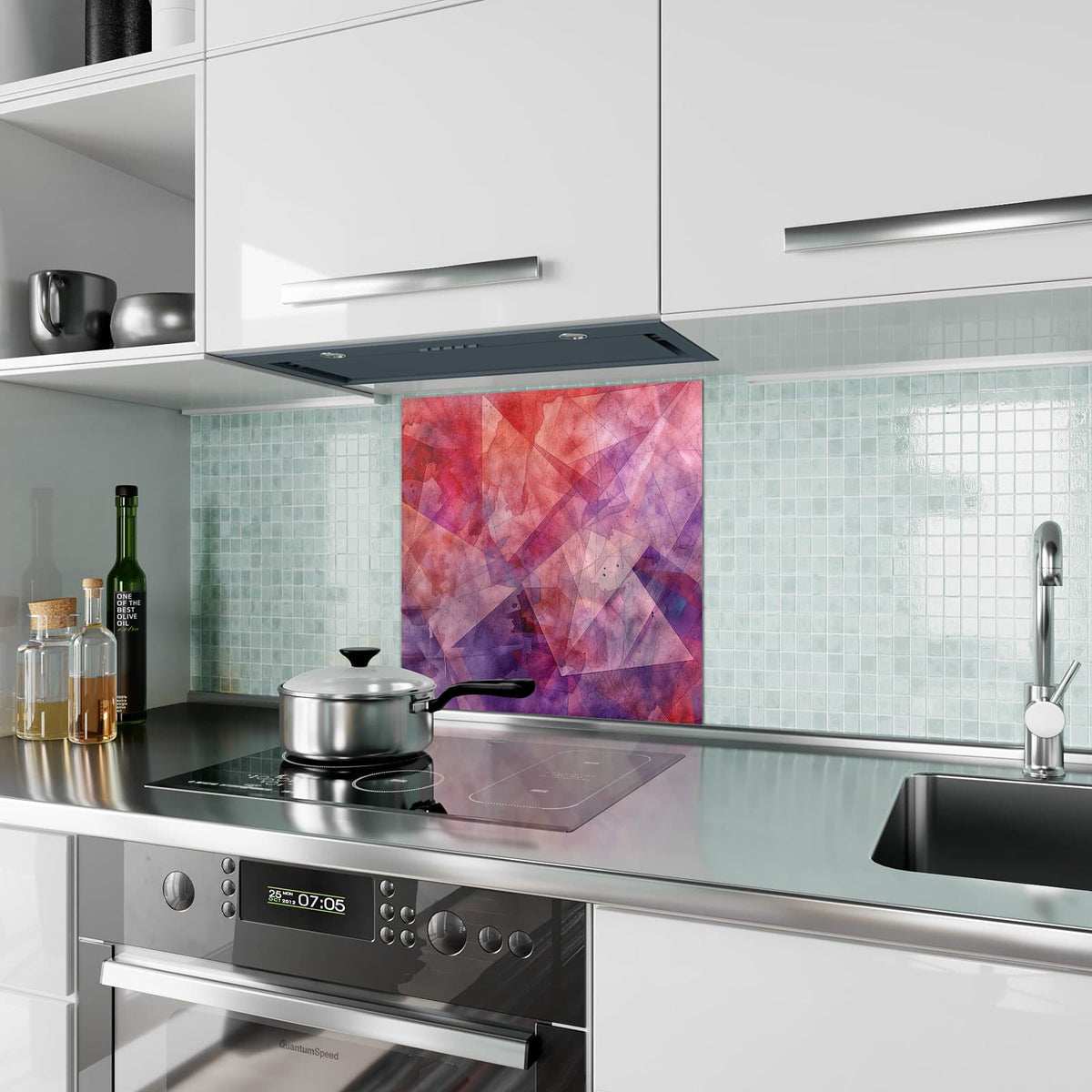 Küchenrückwand Rote Aquarellpolygone aus Glas – Transparente Polygone in Rot und Violett