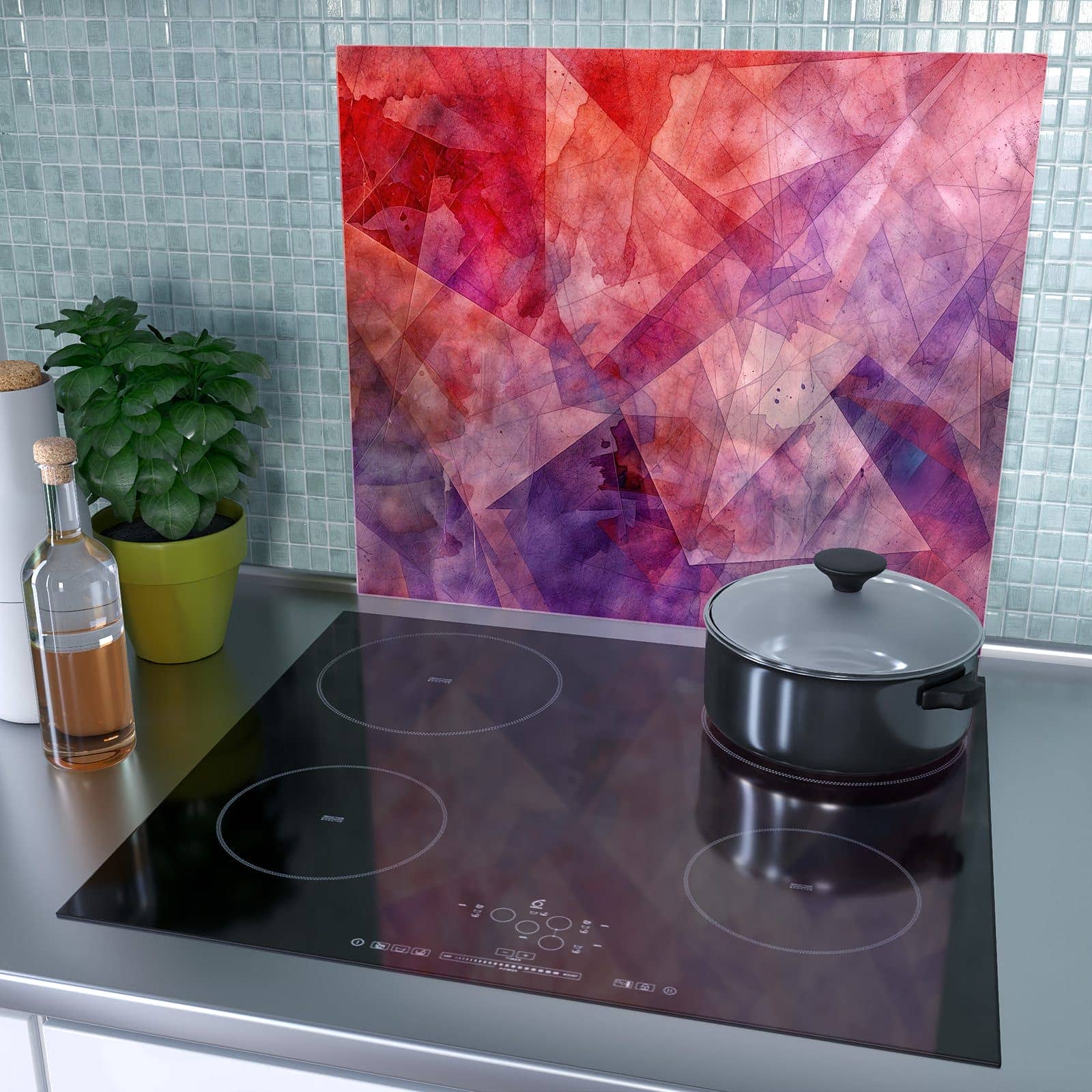 1-teilige Ceranfeldabdeckung mit Abstrakte Kunstform-Motiv als Spritzschutz hinter dem Kochfeld