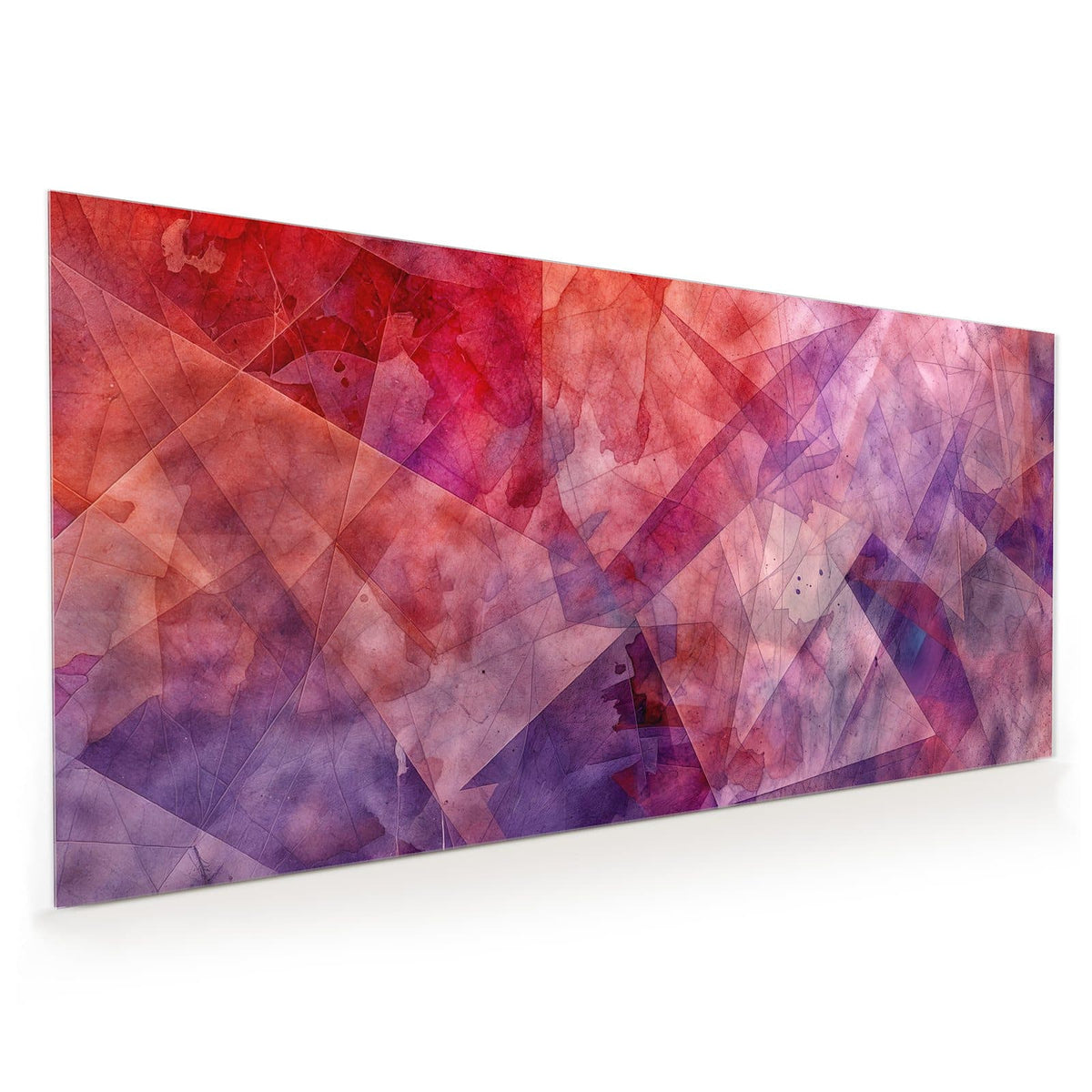 Küchenrückwand aus Glas im Hochformat: Übereinanderliegende transparente Dreiecke und Polygone in Aquarelloptik, Rot, Pink und Violett