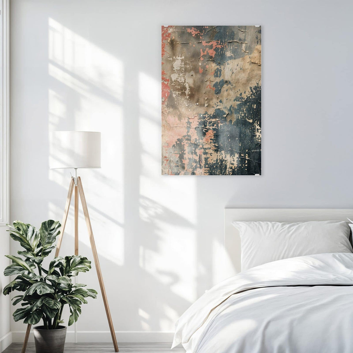 Glasbild Rissige Farbschichten an der Wand – abblätternde Farbschichten in Rot, Blaugrau und Beige auf rissigem Putz