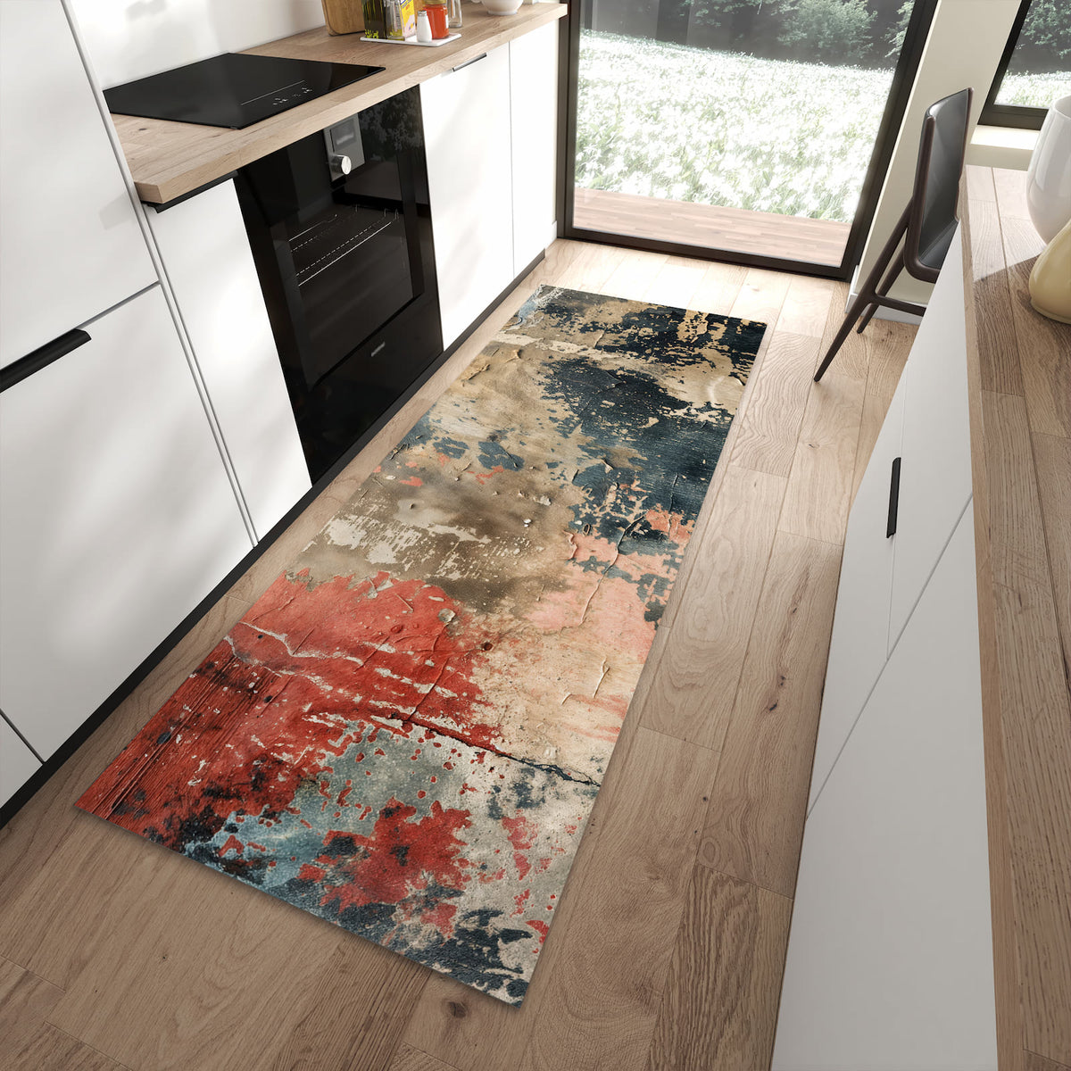 Formstabiler Küchenläufer mit Motiv Abblätternde Farbe in moderner Küche
