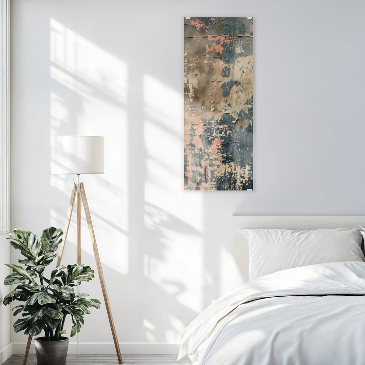Glasbild Rissige Farbschichten an der Wand – abblätternde Farbschichten in Rot, Blaugrau und Beige auf rissigem Putz