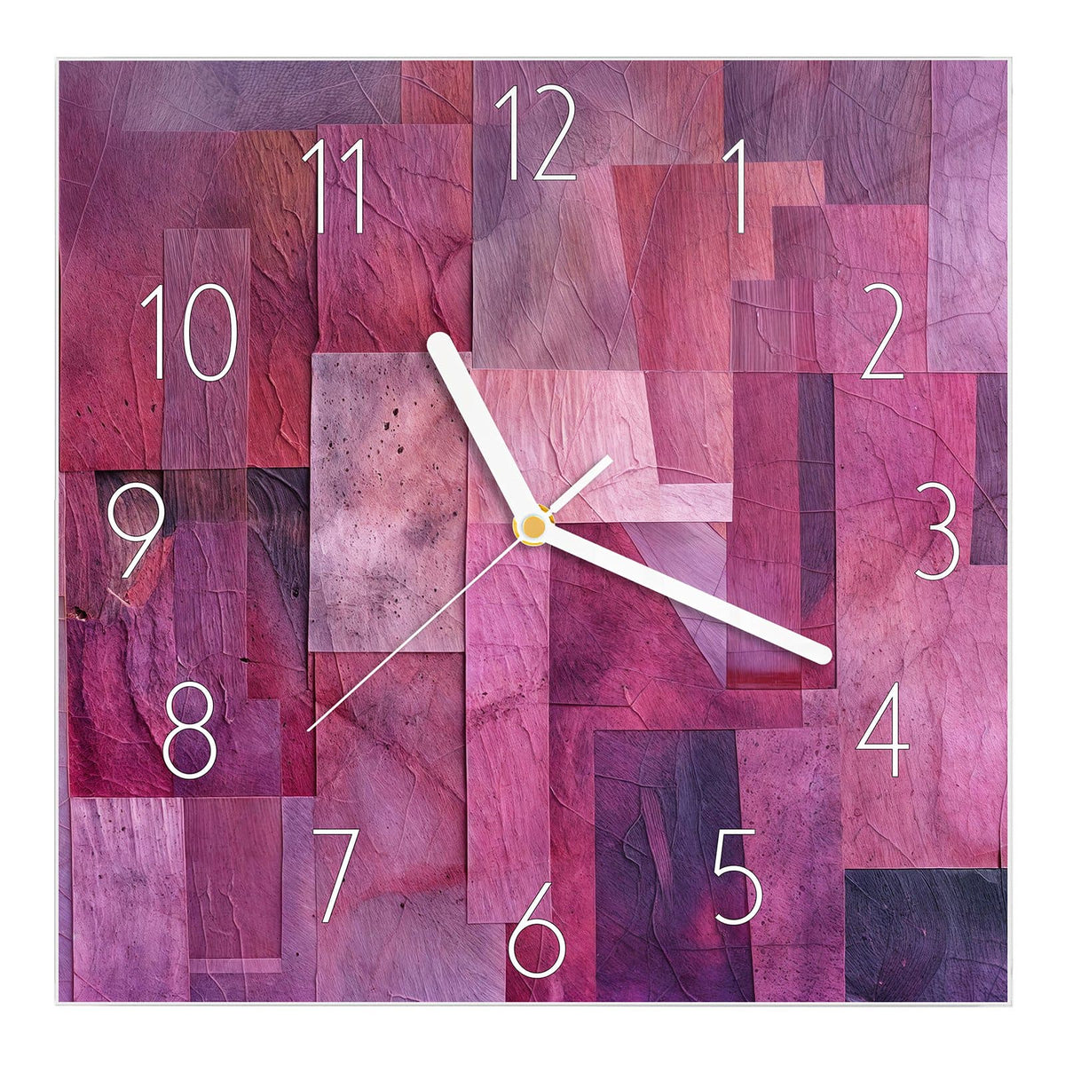 Wanduhr aus Glas, Ziffernblatt Elegant: Collage aus überlappenden Rechtecken in Pink, Magenta und Burgunder, Blattadern nur als Textur #ziffernblatt_Elegant