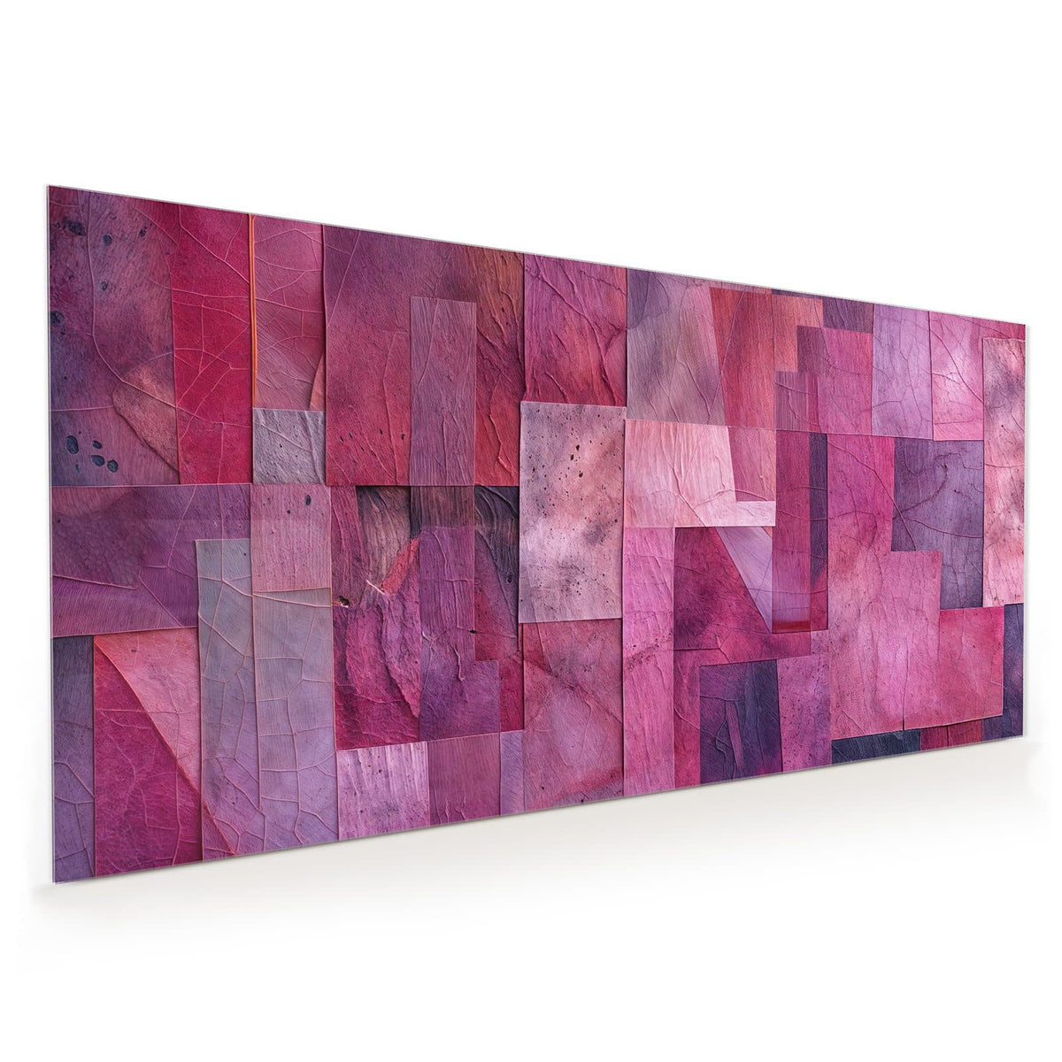 Küchenrückwand aus Glas im Hochformat: Collage aus überlappenden Rechtecken in Pink, Magenta und Burgunder, Blattadern nur als Textur