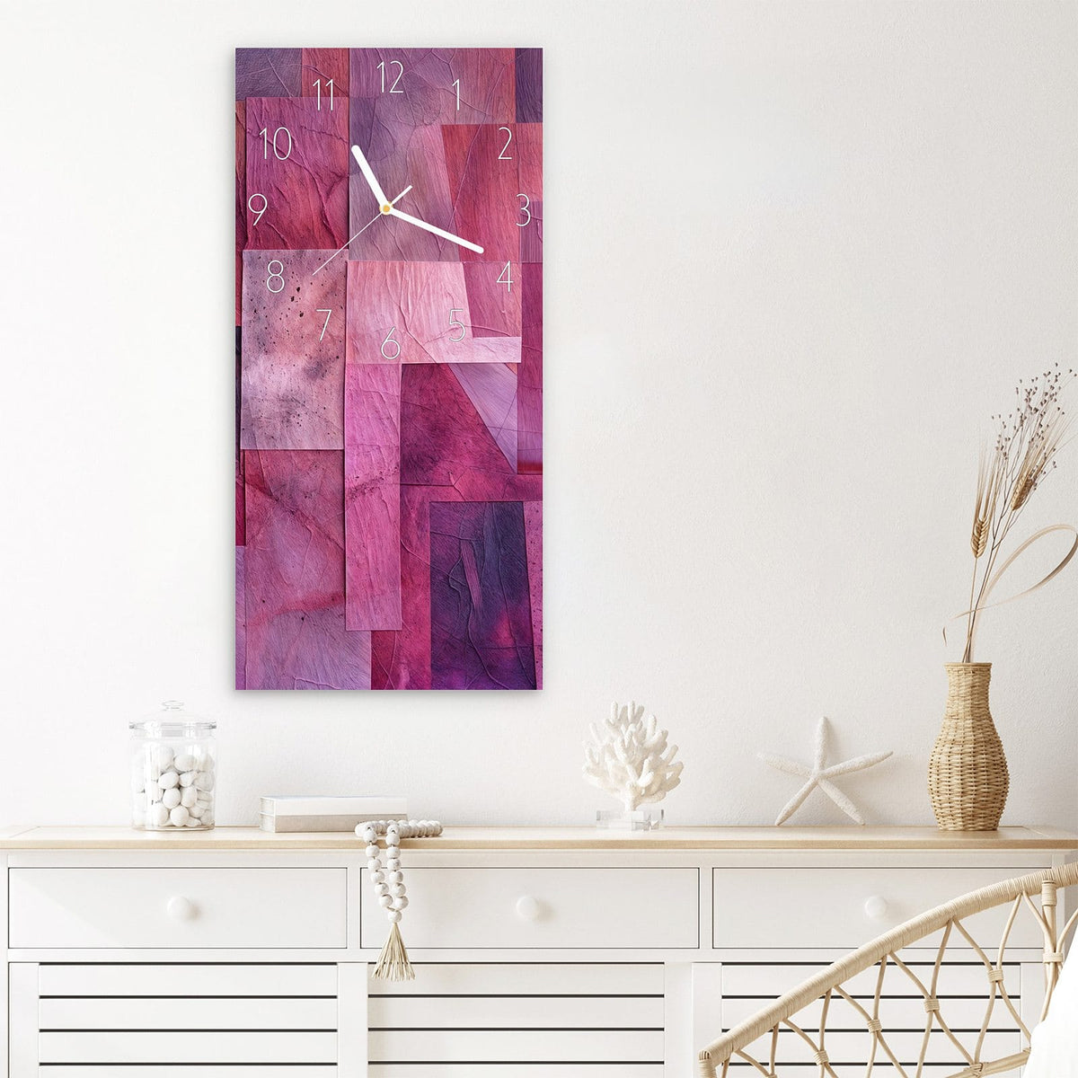 Wanduhr Abstrakte Blaetter aus Glas – Collage aus Rechtecken in Magenta