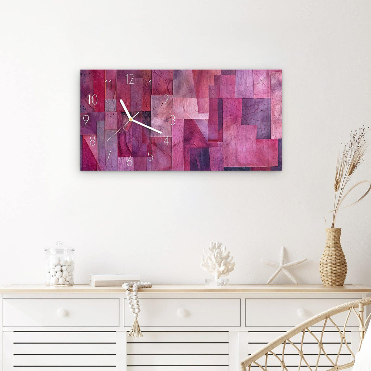 Wanduhr Abstrakte Blaetter aus Glas – Querformat 60 × 30 cm – Collage aus Rechtecken in Magenta