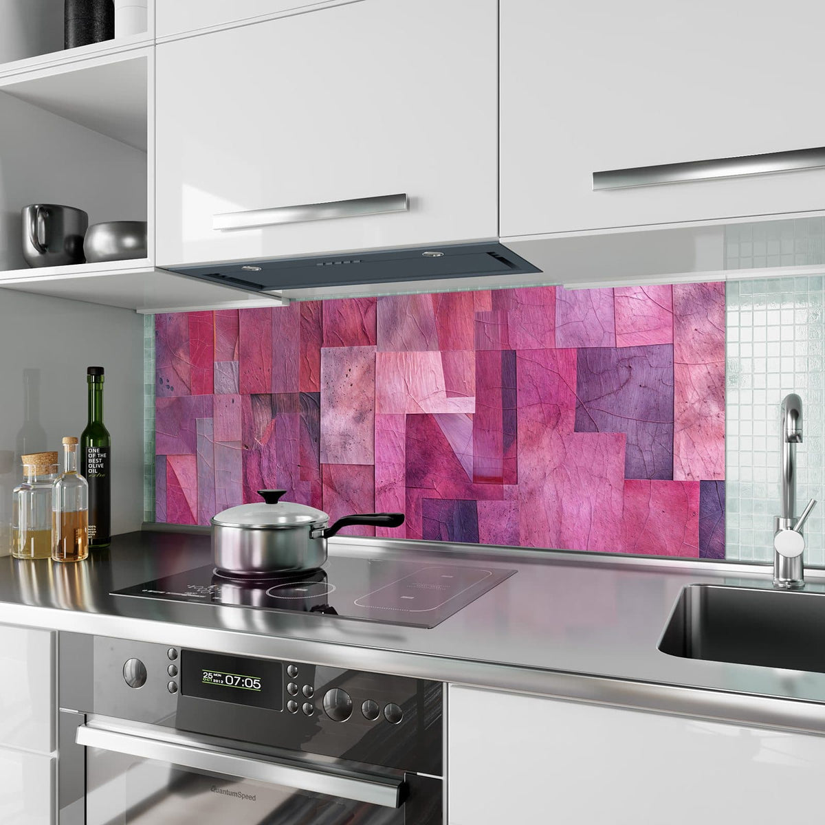 Küchenrückwand aus Glas Magenta Collage im Hochformat als Spritzschutz hinter dem Kochfeld, über dem Fliesenspiegel montiert