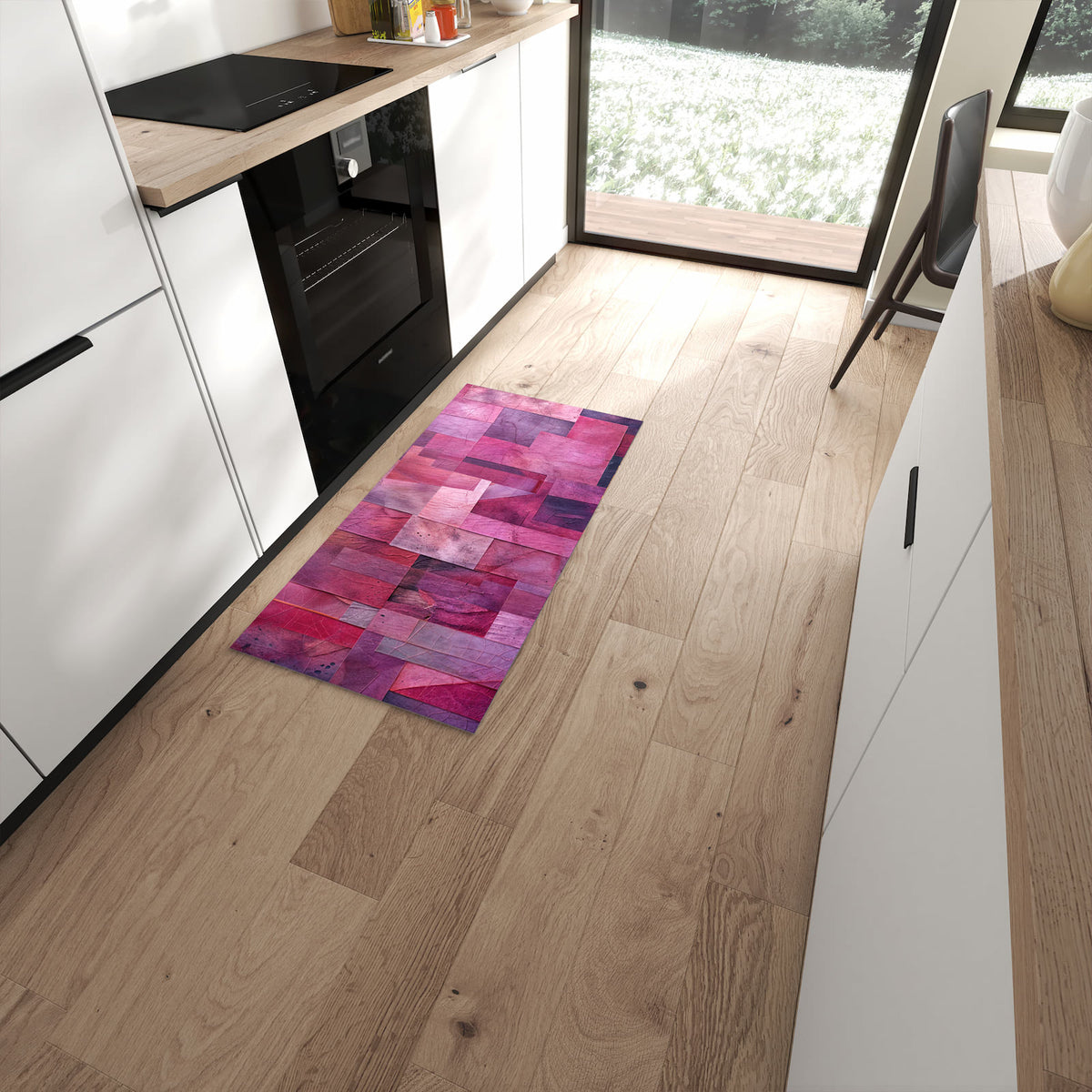 Geräuschdämpfender Teppich für Esstisch mit Motiv Abstrakte Blaetter in moderner Küche #grösse_60 x 120 cm