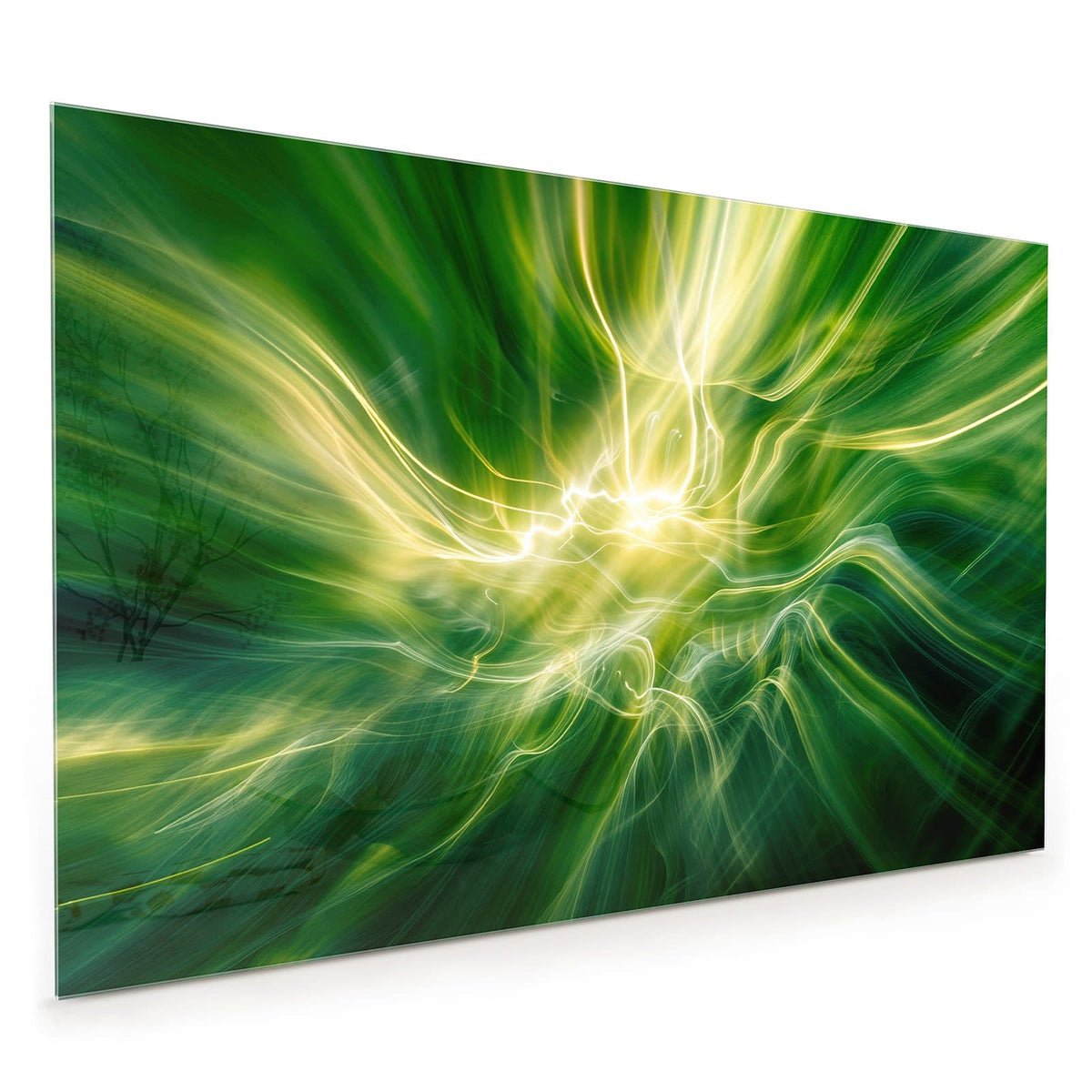 Küchenrückwand aus Glas im Hochformat: Grüne und weißgelbe Lichtfäden, die aus einem hellen Zentrum wirbeln