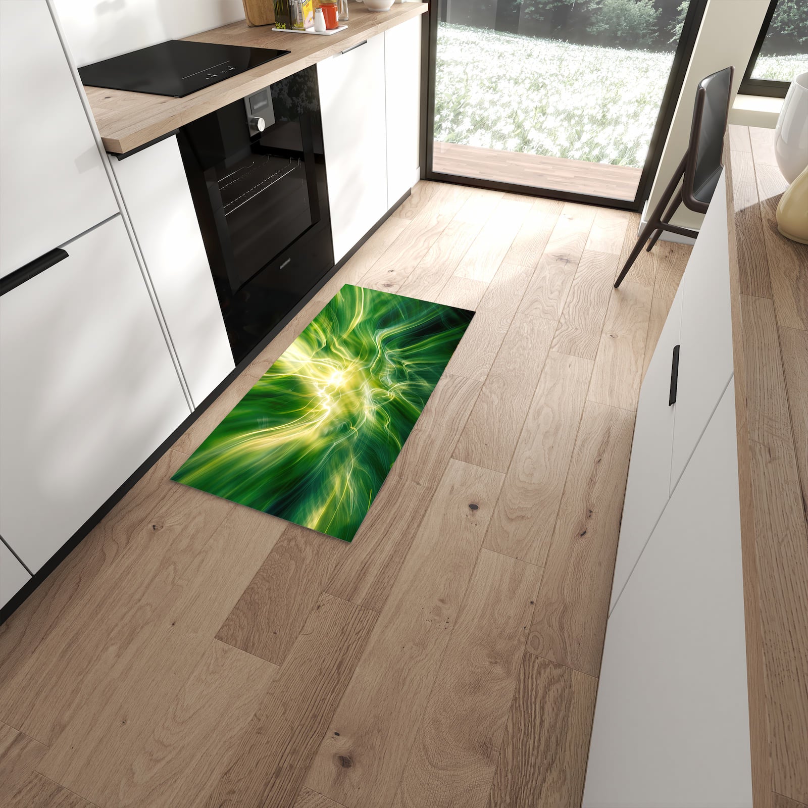Hygienischer Küchenteppich mit Motiv Leuchtendes Glühen in moderner Küche - waschbar #grösse_60 x 120 cm