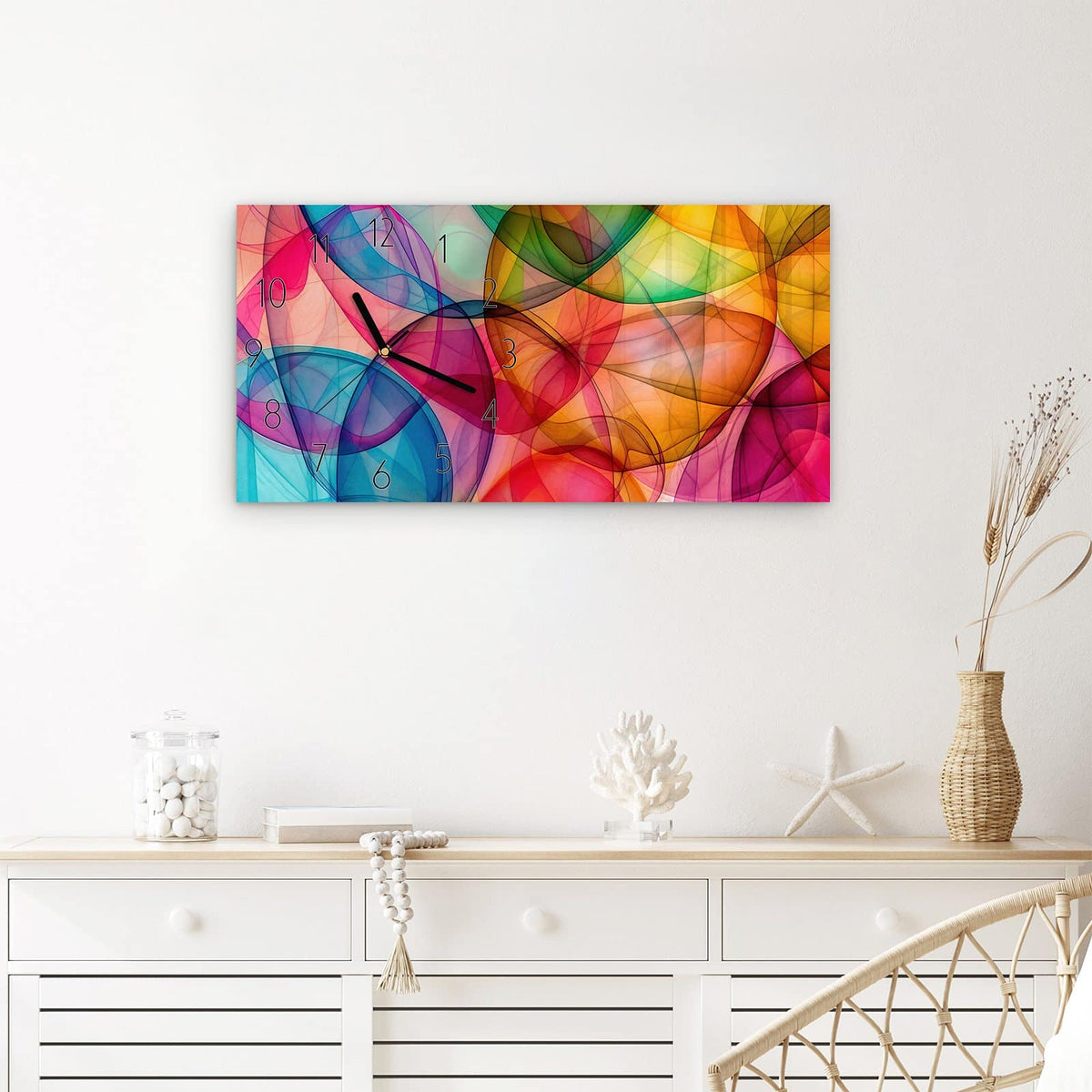 Wanduhr Farbenpracht aus Glas – Querformat 60 × 30 cm – Transluzente Formen in Regenbogenfarben