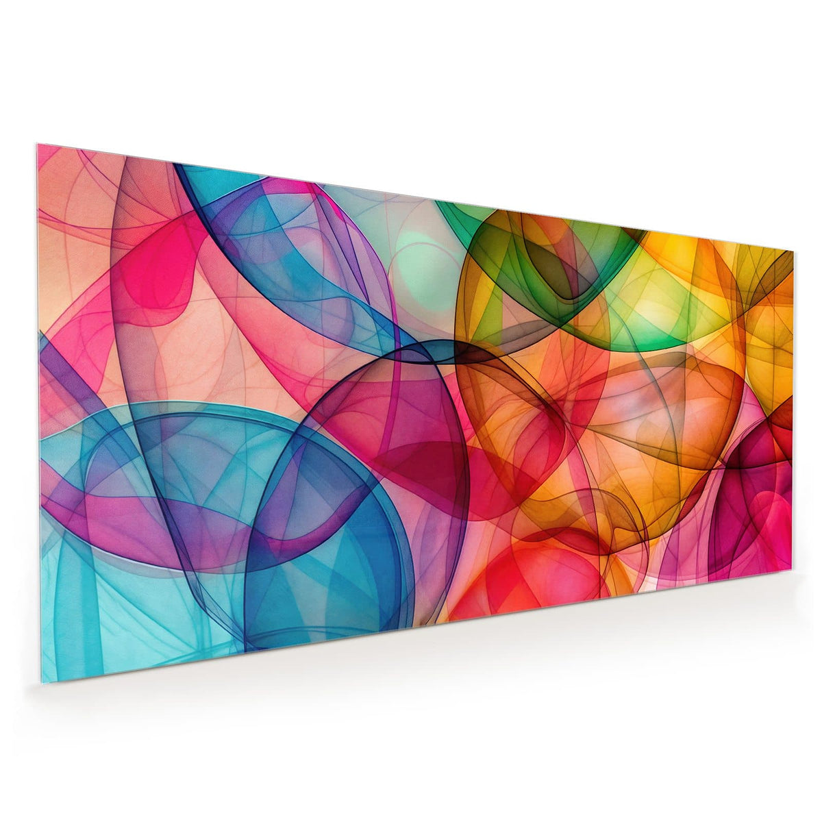 Küchenrückwand aus Glas im Hochformat mit Motiv Durchscheinende Formen: Überlagerte durchscheinende Ovale in Blau, Rot, Gelb und Grün