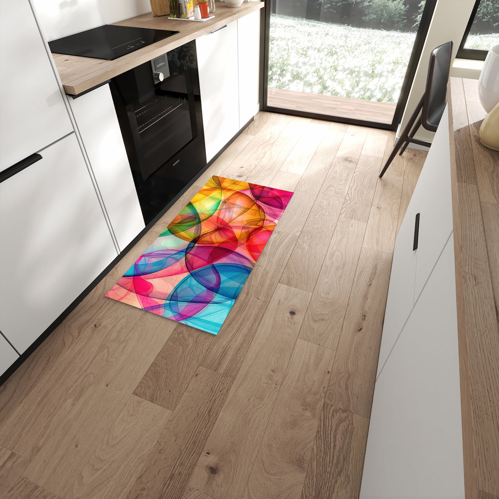 UV-beständiger Küchenteppich mit Motiv Farbenpracht in moderner Küche #grösse_60 x 120 cm