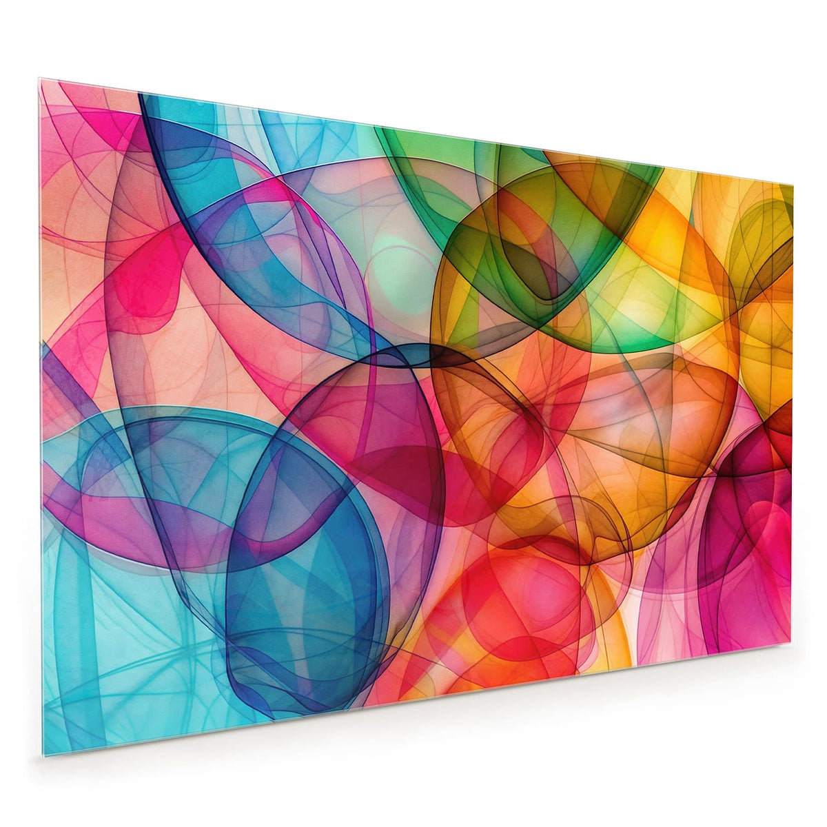 Küchenrückwand aus Glas im Hochformat mit Motiv Durchscheinende Formen: Überlagerte durchscheinende Ovale in Blau, Rot, Gelb und Grün
