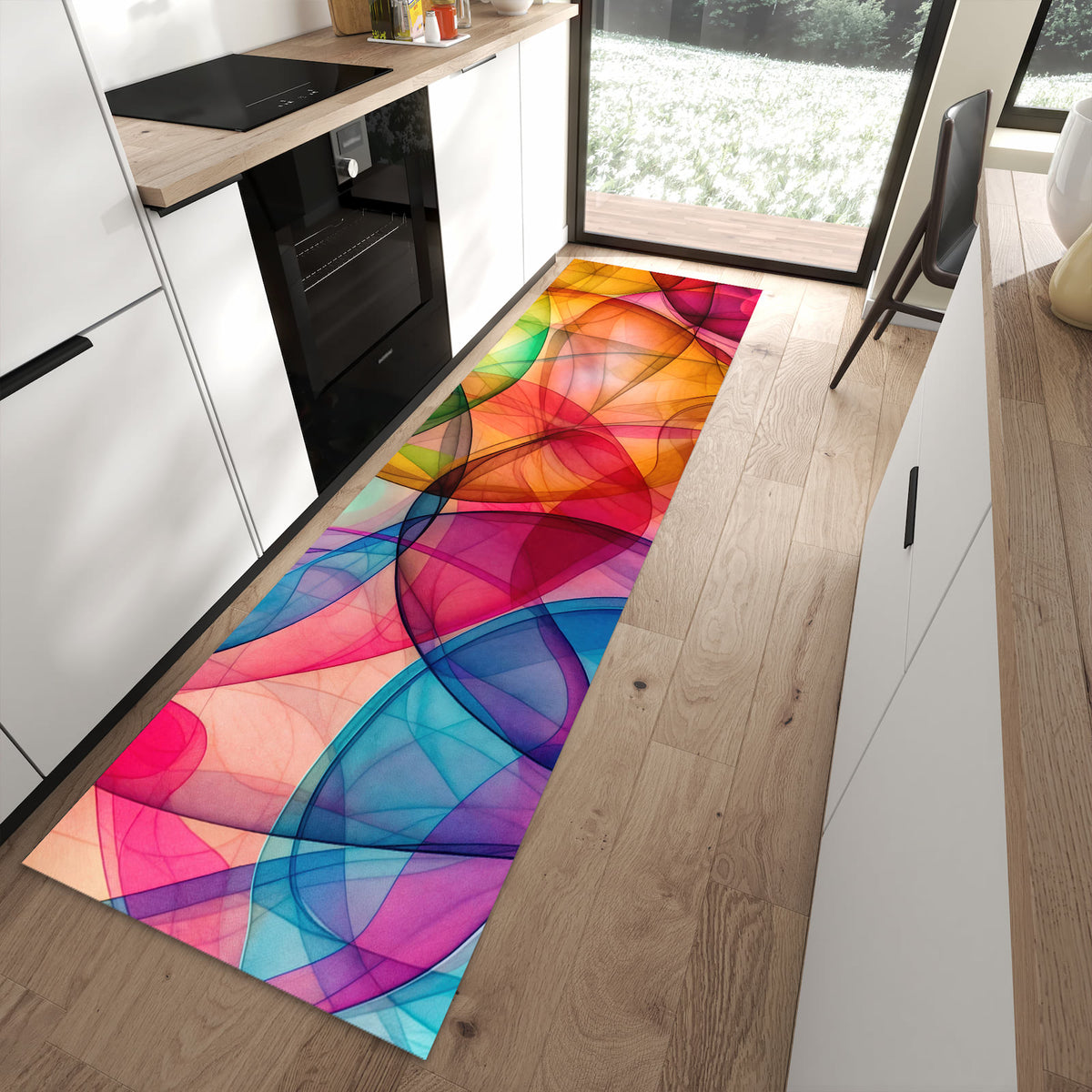 Küchenteppich Durchscheinende Formen 80 × 280 cm vor der Küchenzeile auf hellem Holzboden