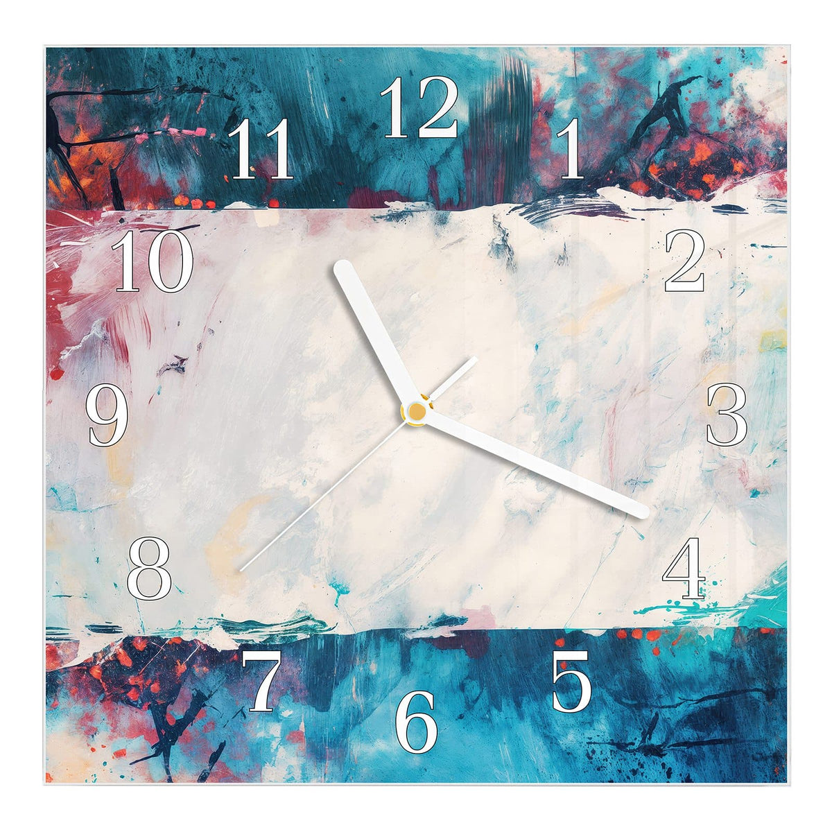 Wanduhr aus Glas, Ziffernblatt Klassisch: Breites weißes Band quer durchs Bild, oben und unten petrolblaue Flächen mit roten Spritzern