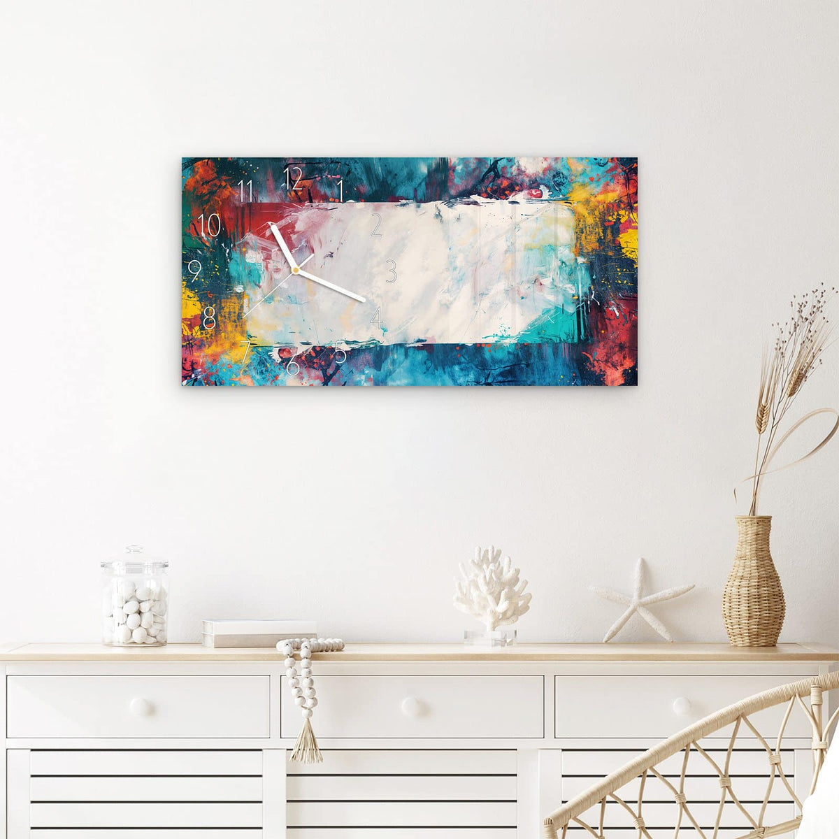 Wanduhr Abstrakte Kunst Form aus Glas – Querformat 60 × 30 cm – Wilde Farbspritzer in Blau und Rot