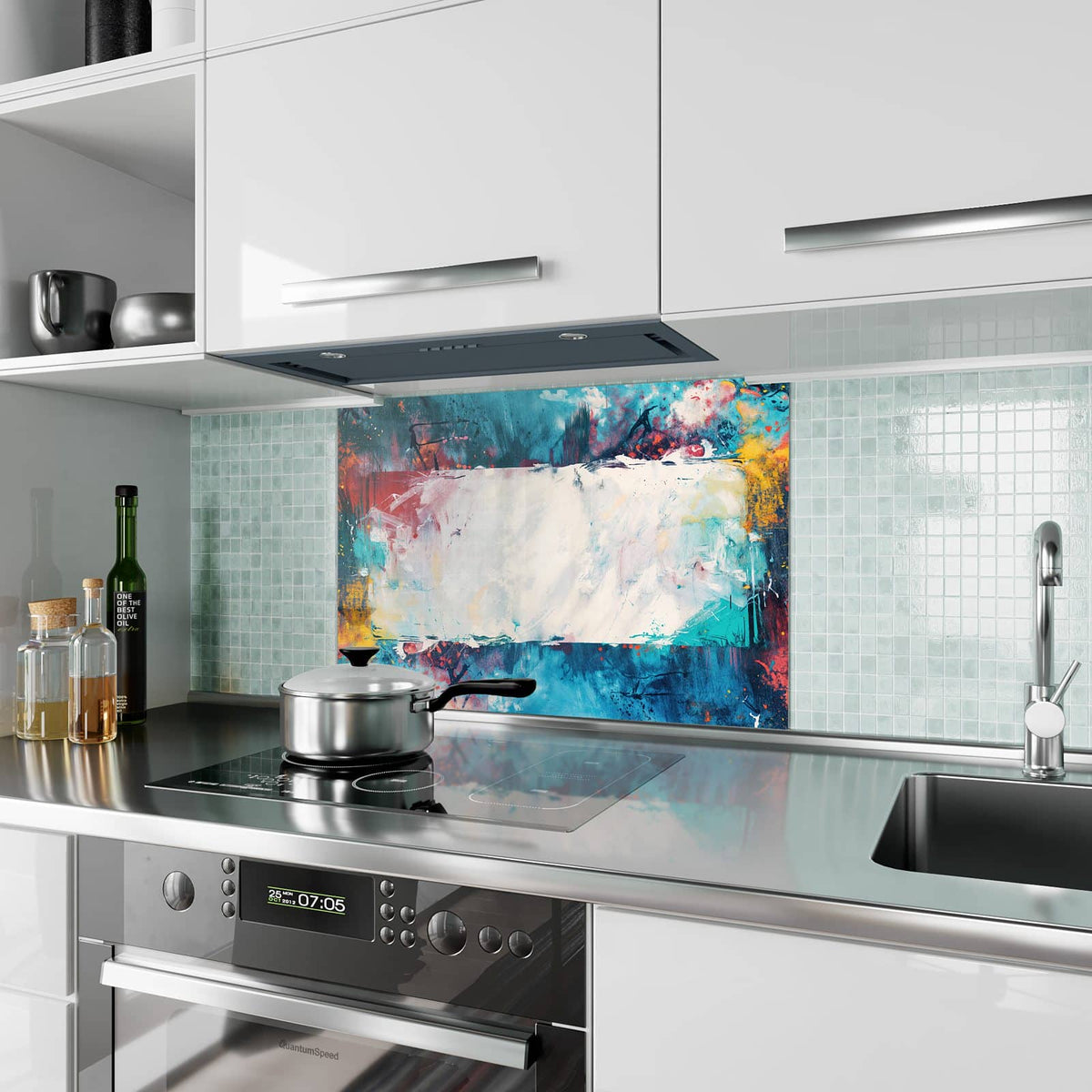Küchenrückwand aus Glas Weißes Band in Blau im Hochformat als Spritzschutz hinter dem Kochfeld, über dem Fliesenspiegel montiert