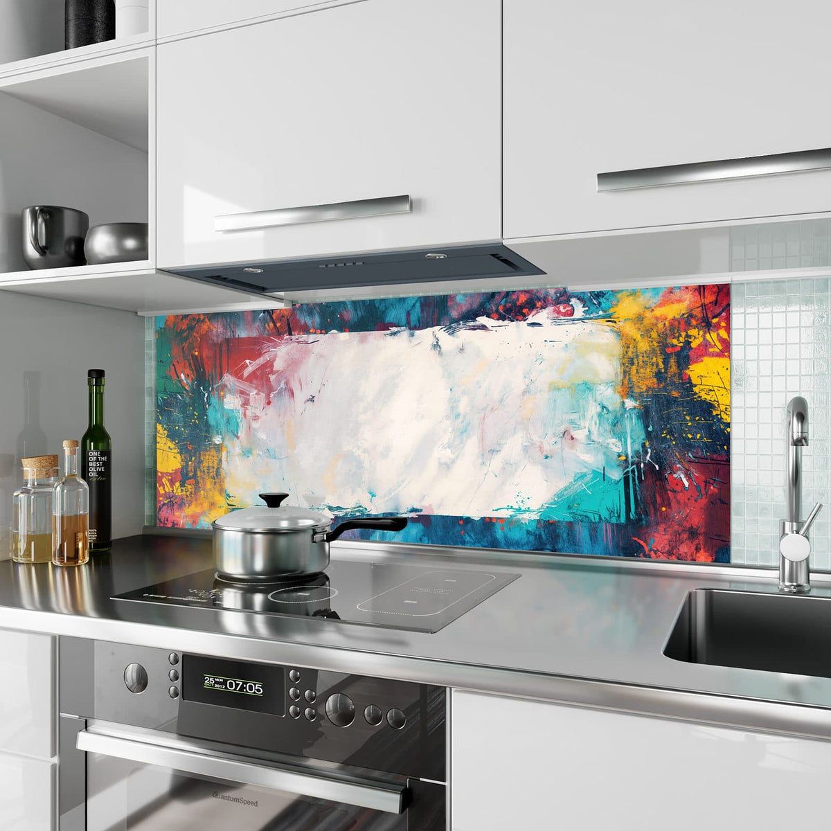 Küchenrückwand aus Glas Weißes Band in Blau im Hochformat als Spritzschutz hinter dem Kochfeld, über dem Fliesenspiegel montiert