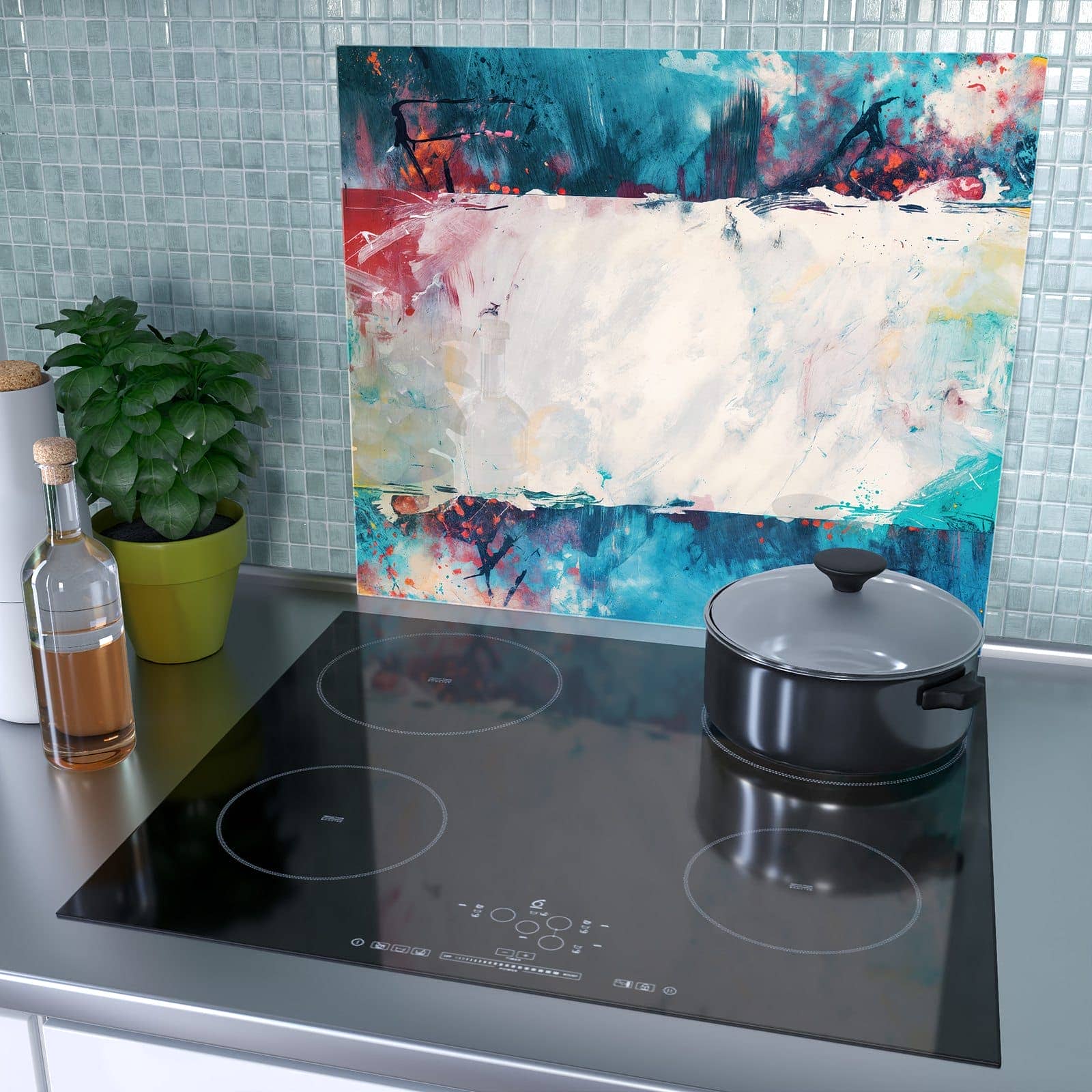 1-teilige Abdeckplatte für Ceranfeld mit Abstrakte Kunst Form-Motiv als Spritzschutz hinter dem Kochfeld