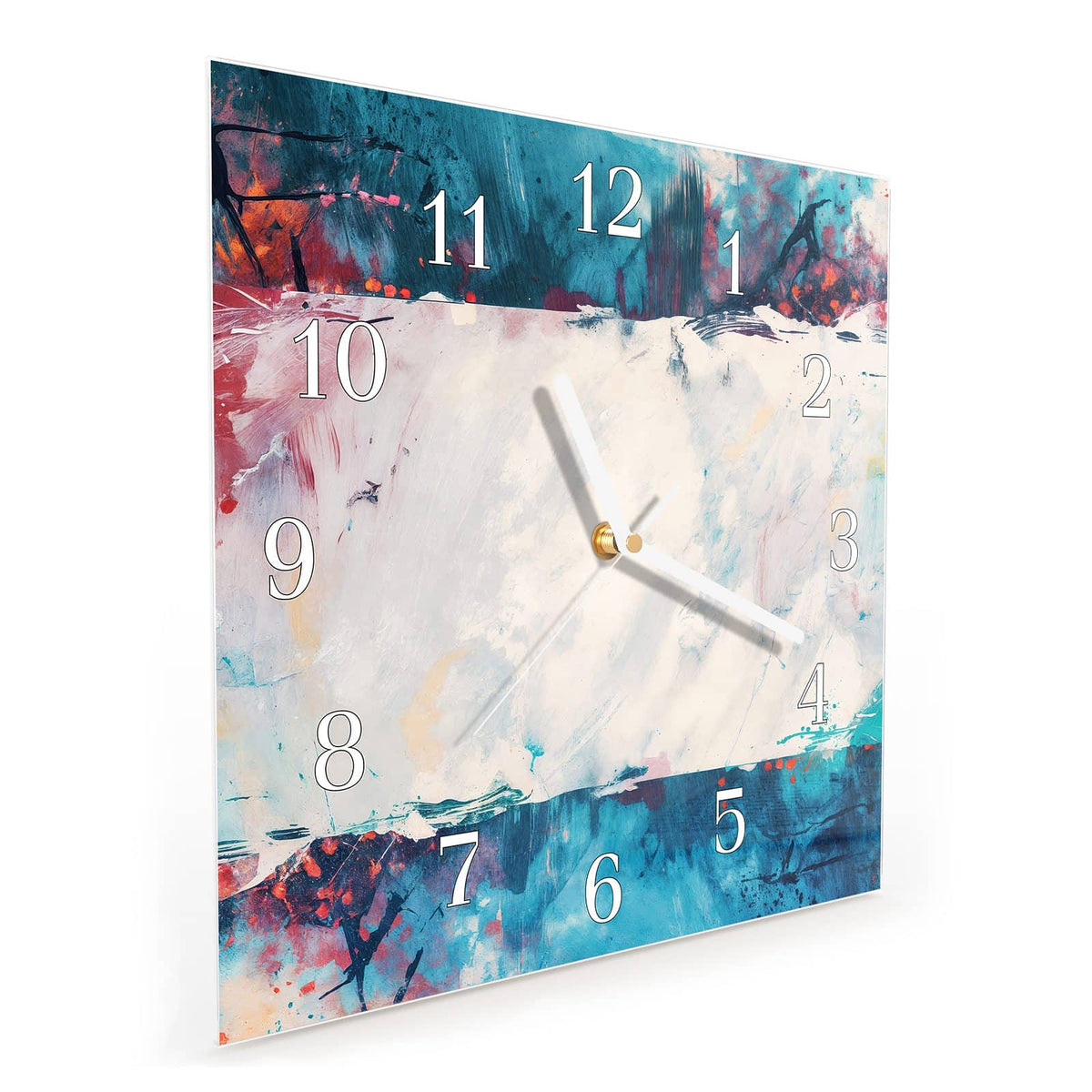 Quadratische Wanduhr aus Glas Weißes Band in Blau schräg von der Seite, 4 mm starkes Glas