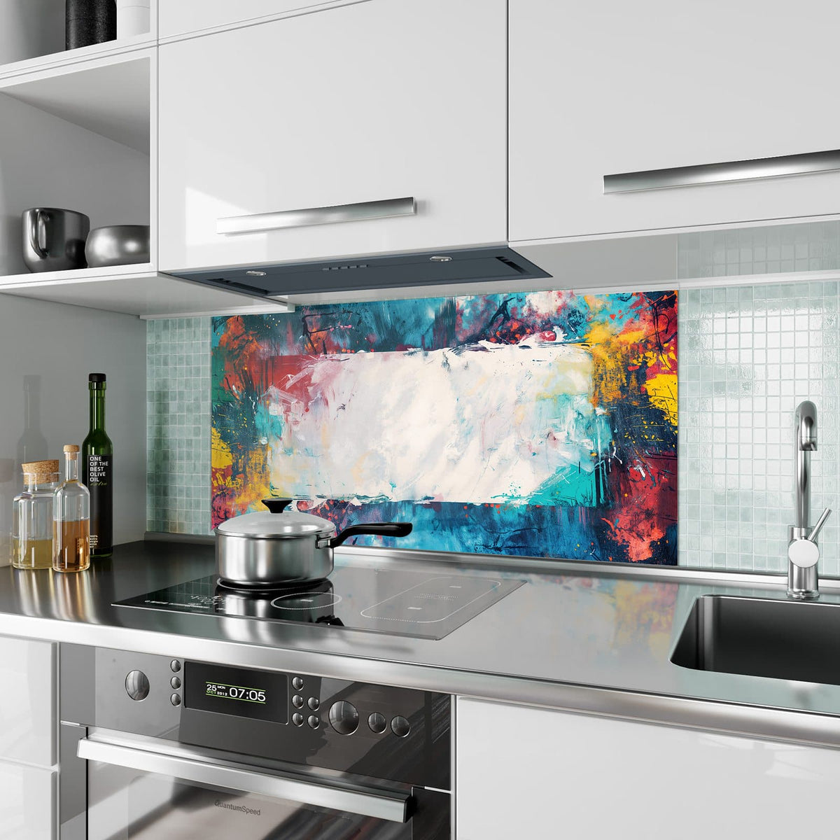 Küchenrückwand aus Glas Weißes Band in Blau im Hochformat als Spritzschutz hinter dem Kochfeld, über dem Fliesenspiegel montiert
